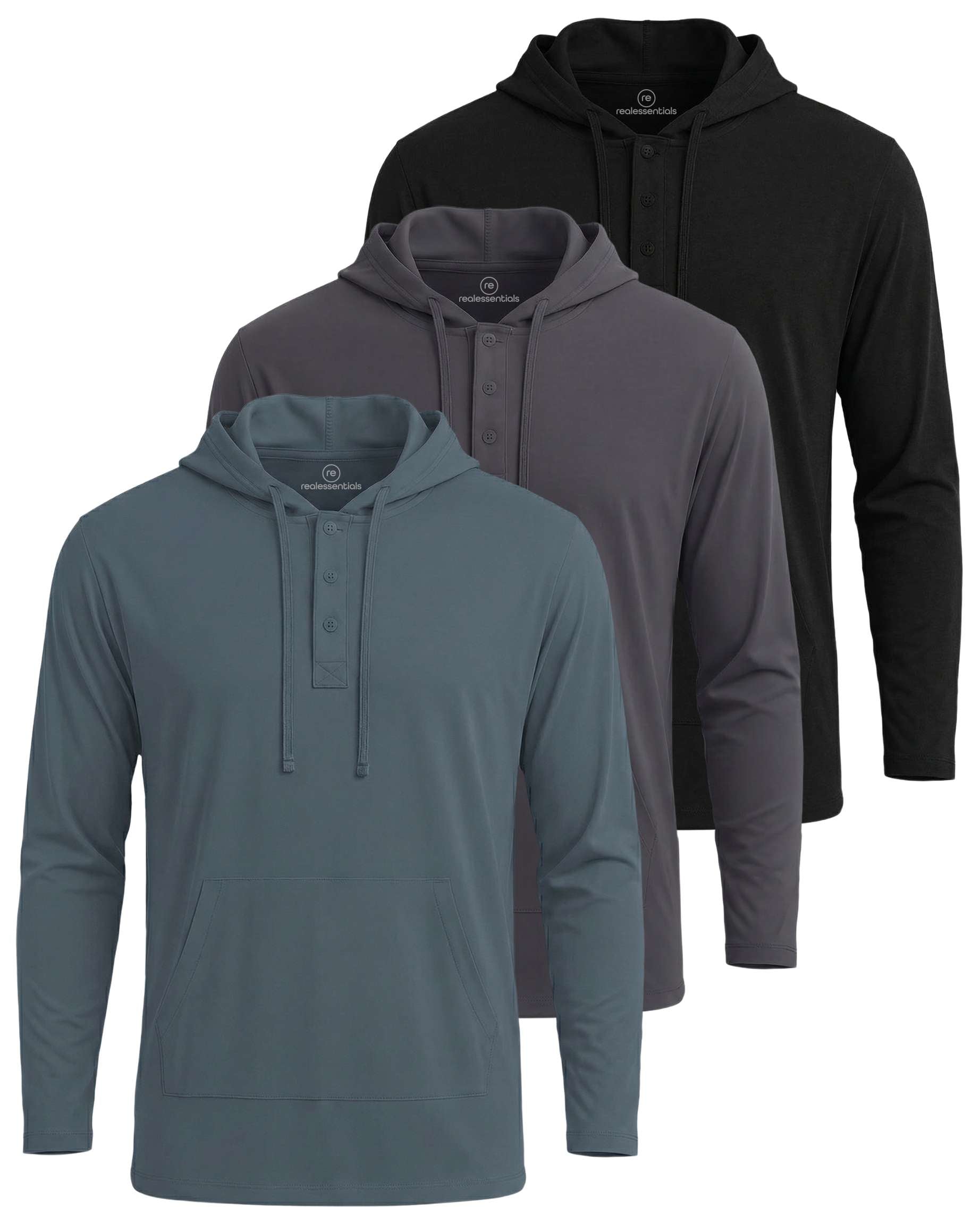 Real Essentials 3 Pack: Men's Cotton Henley Pullover Hoodie Lightweight Casual Long Sleeve Hooded Sweatshirt (Big & Tall)