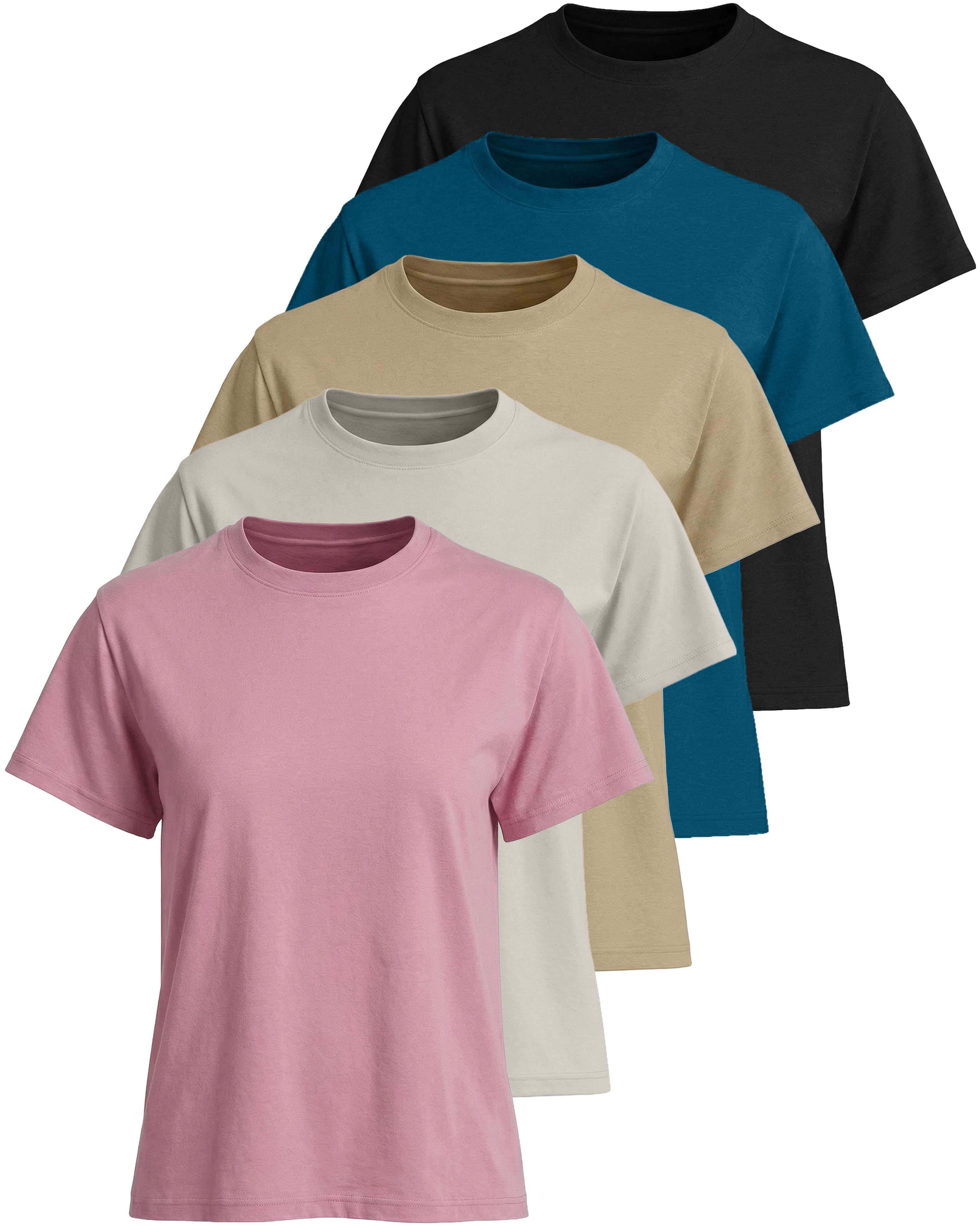 Real Essentials 5 Pack: Women’s 100% Cotton Relaxed Fit Short Sleeve T-Shirts Fashion Trendy Tees (Available in Plus Size)