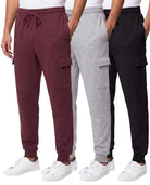 Real Essentials 3 Pack Mens Fleece Cargo Joggers Sweatpants Cuffed Athletic Gym Pockets - Solid Black, Solid Burgundy, Grey Heather