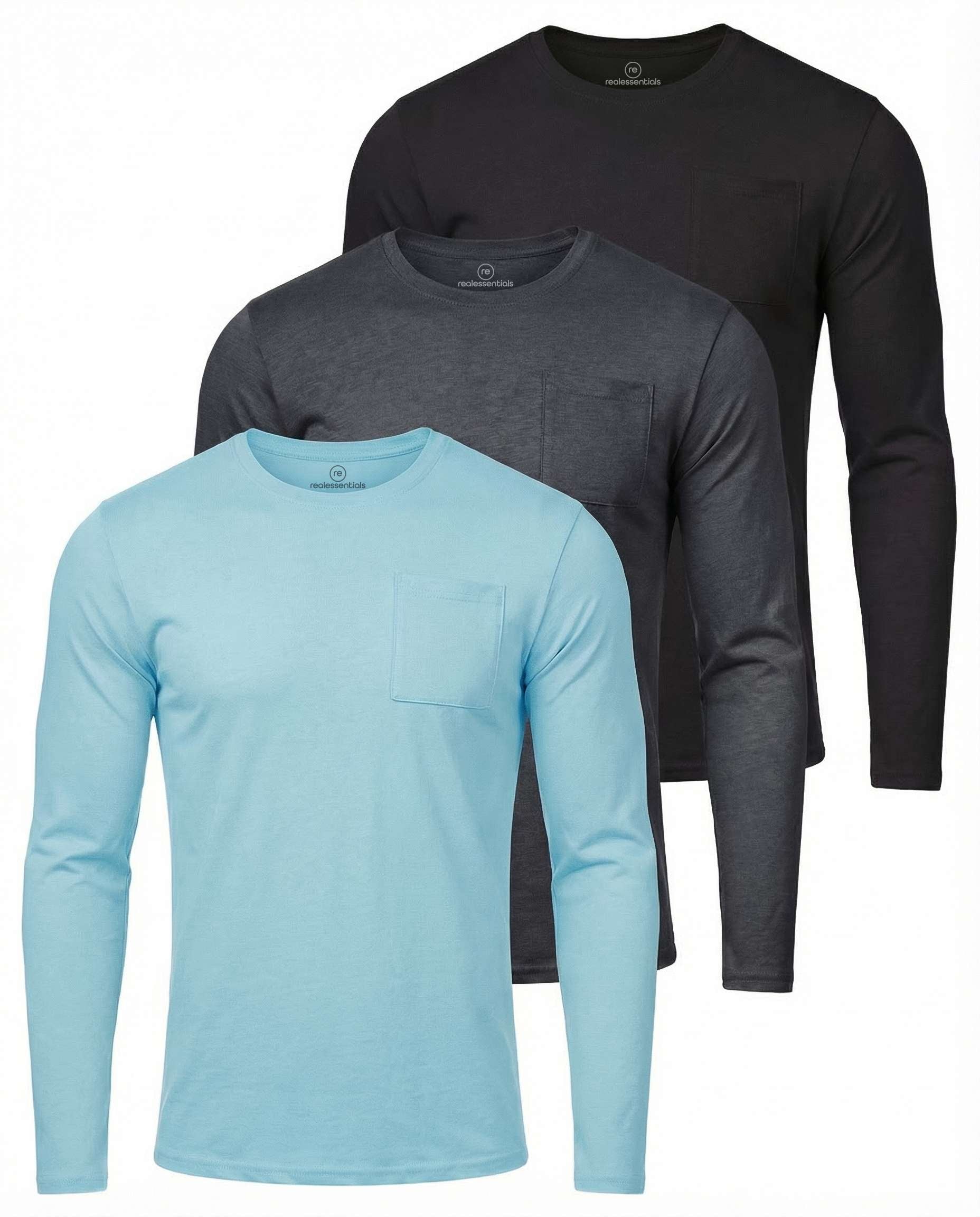 3 Pack: Mens Cotton Long Sleeve Crew Neck Pocket T-Shirt