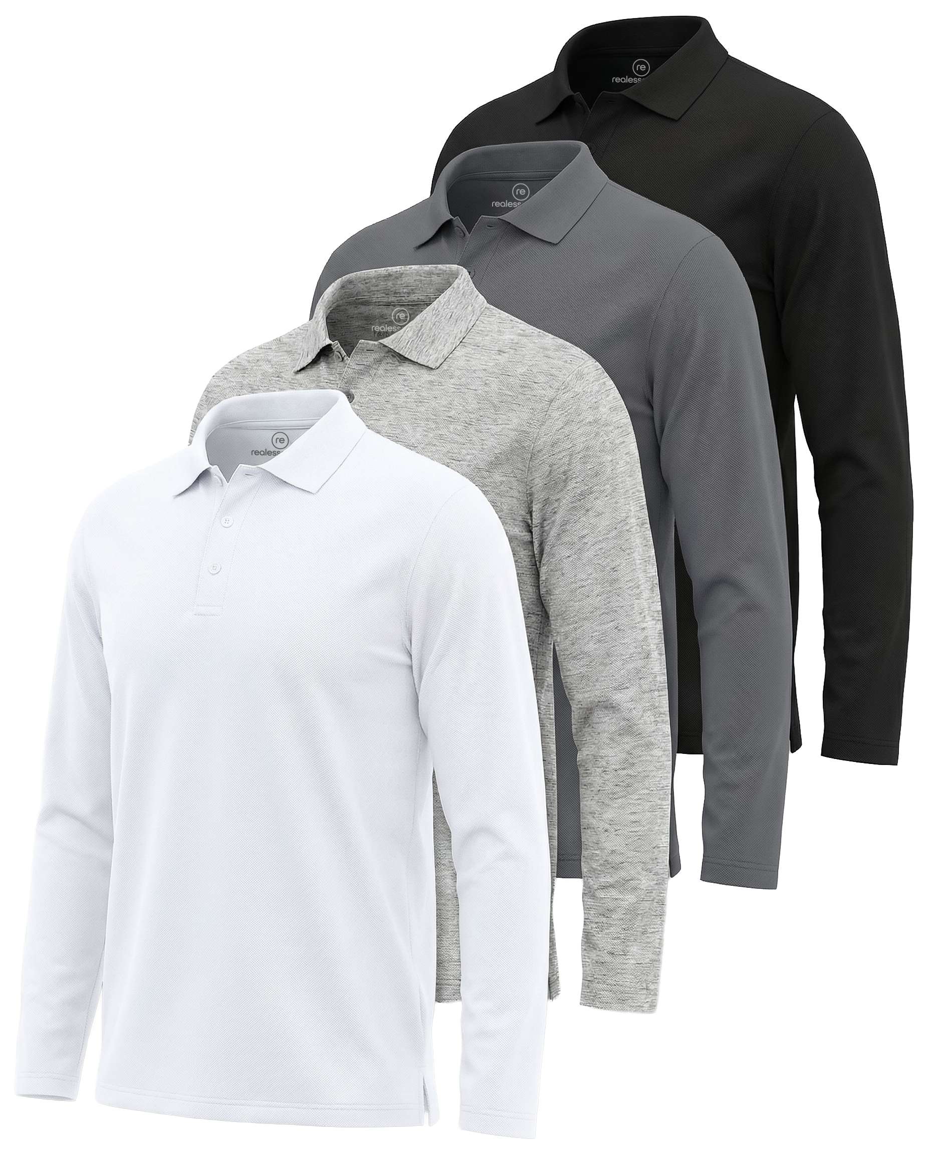 Real Essentials 4 Pack: Men's Long Sleeve Polo Shirts for Men - Cotton Pique Collared Athletic Golf Shirt Work & Casual