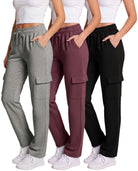 Real Essentials 3 Pack Women's Fleece Cargo Sweatpants Lounge Casual Sweat Pants Pockets - Solid Black, Solid Burgundy, Grey Heather