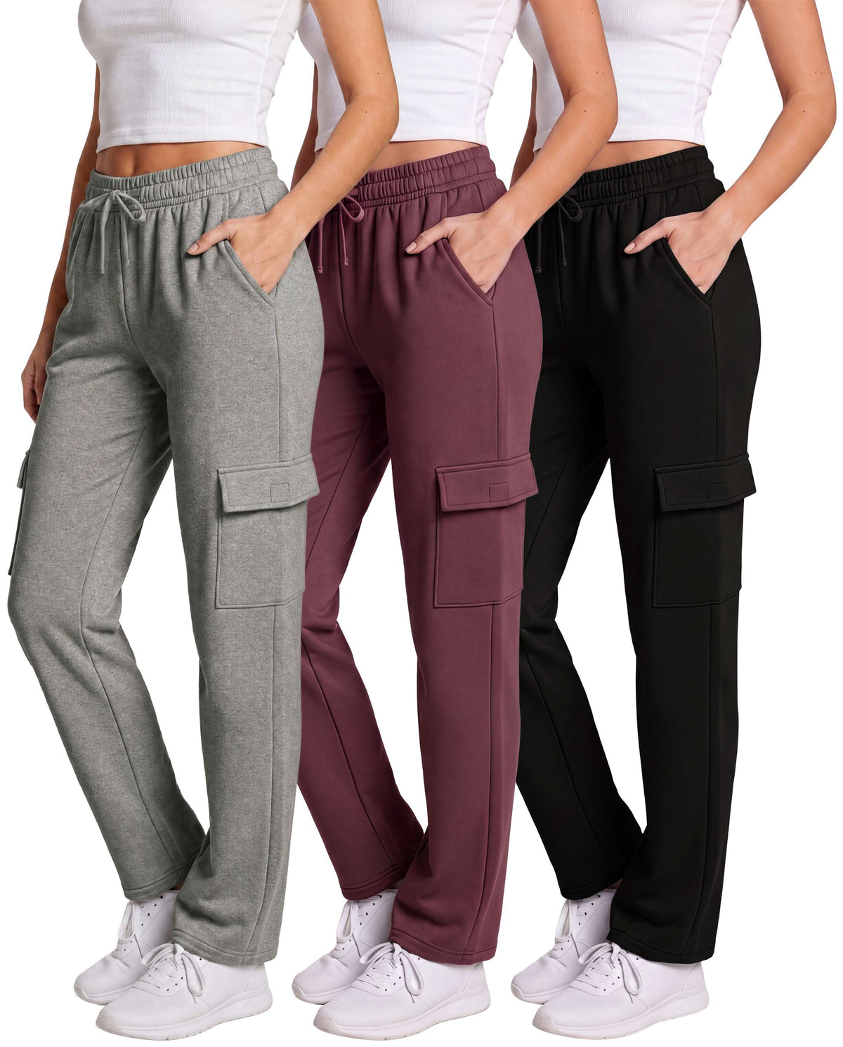 Real Essentials 3 Pack Women's Fleece Cargo Sweatpants Lounge Casual Sweat Pants Pockets - Solid Black, Solid Burgundy, Grey Heather