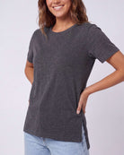 Real Essentials 3 Pack Women's Cotton Tshirts Split Hem Short Sleeve Crew Neck Tees Tops - Solid Black, Solid Burgundy, Charcoal Heather