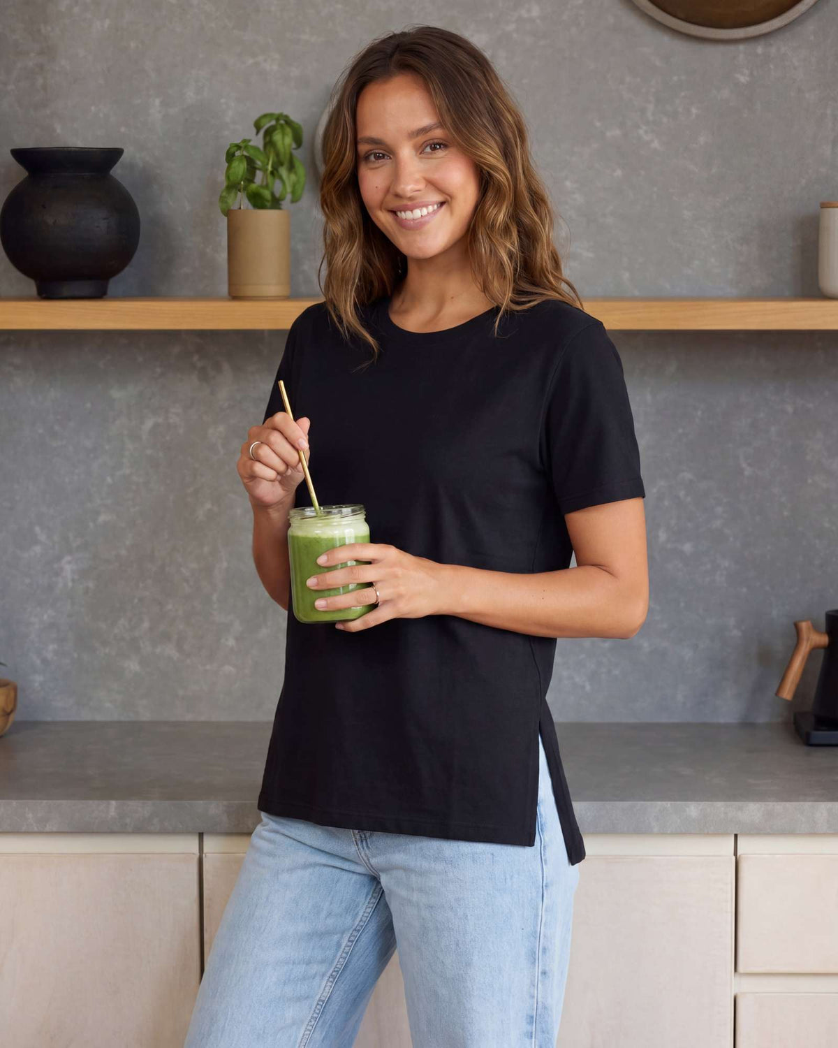 Real Essentials 3 Pack Women's Cotton Tshirts Split Hem Short Sleeve Crew Neck Tees Tops - Solid Black, Solid Black, Solid Black
