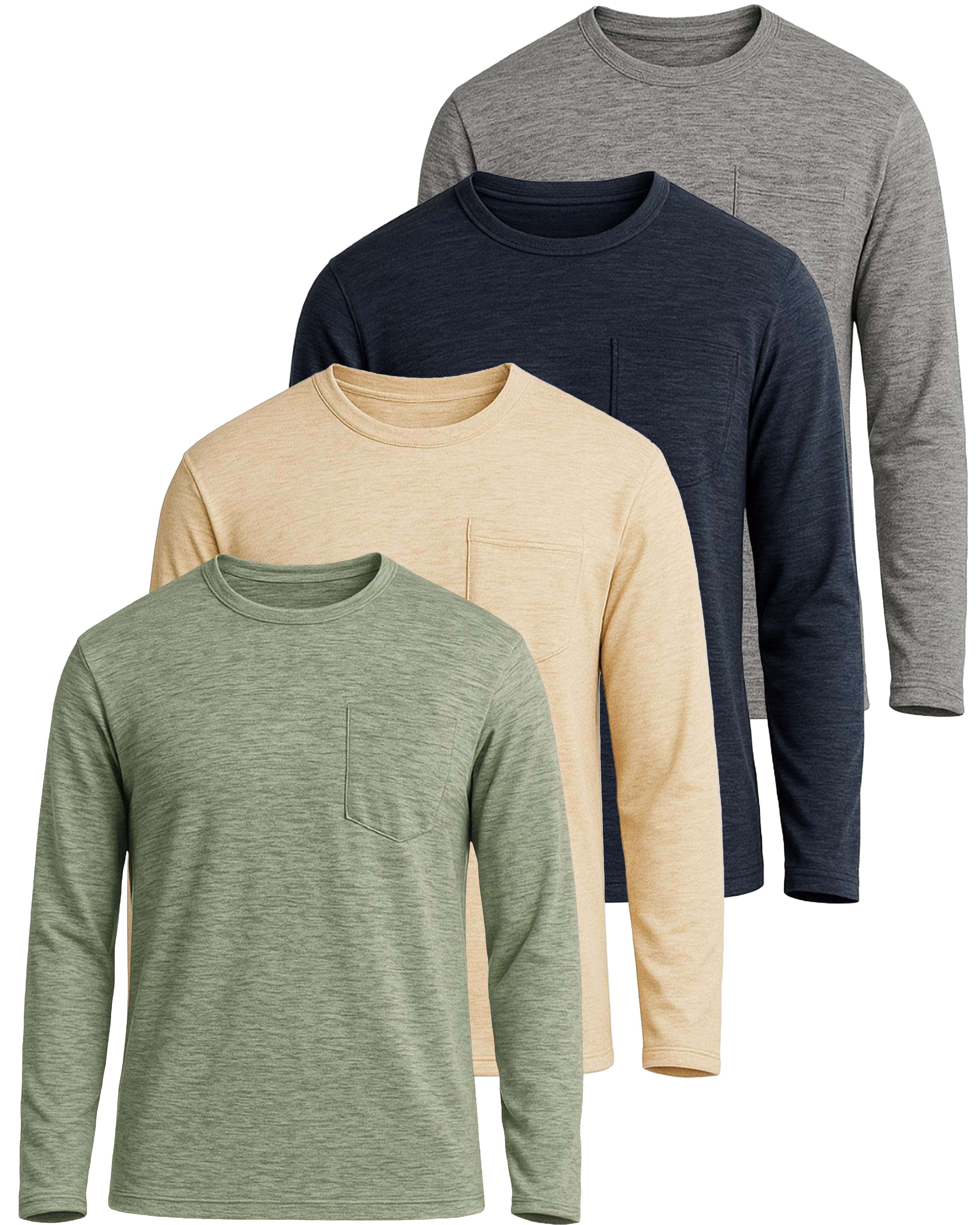 4 Pack: Mens Dry-Fit Long Sleeve Pocket Crew T-Shirt