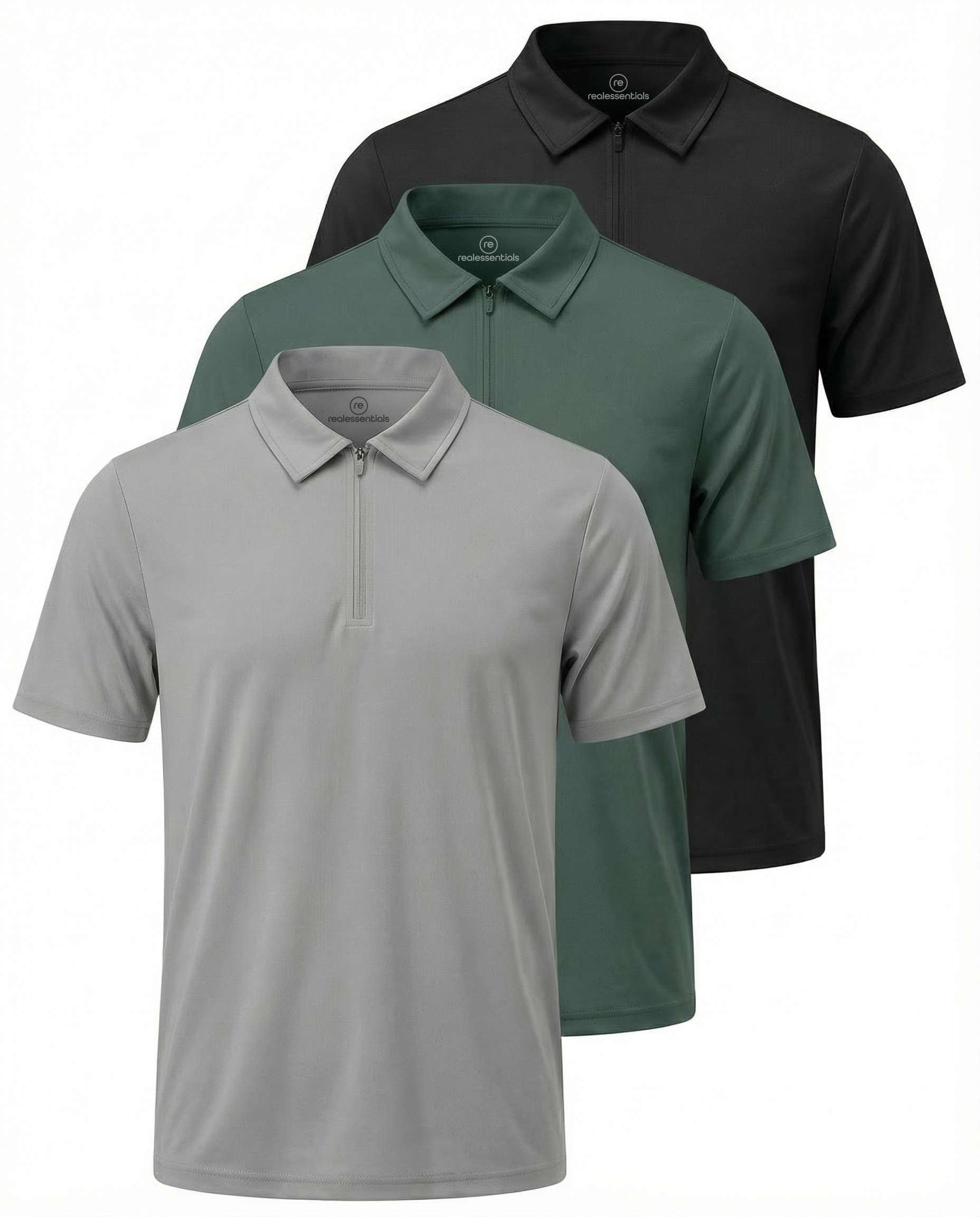 Real Essentials 3 Pack: Men's Polo Shirts Zipper Short Sleeve Dry Fit Quarter Zip Golf Athletic Workout Gym Collared