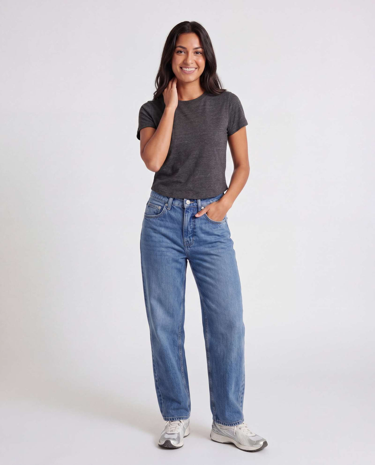 Real Essentials 3 Pack Women's Cropped Cap Sleeve Tops Cotton Basic Tees Going Out Shirts - Solid Black, Solid Navy Blazer, Charcoal Heather