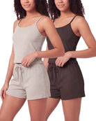 Real Essentials 2 Pack Women's Pajama Sets 2 Piece Ribbed Cropped Cami Shorts Sleepwear PJs - Solid Chocolate Torte, Solid Moonbeam