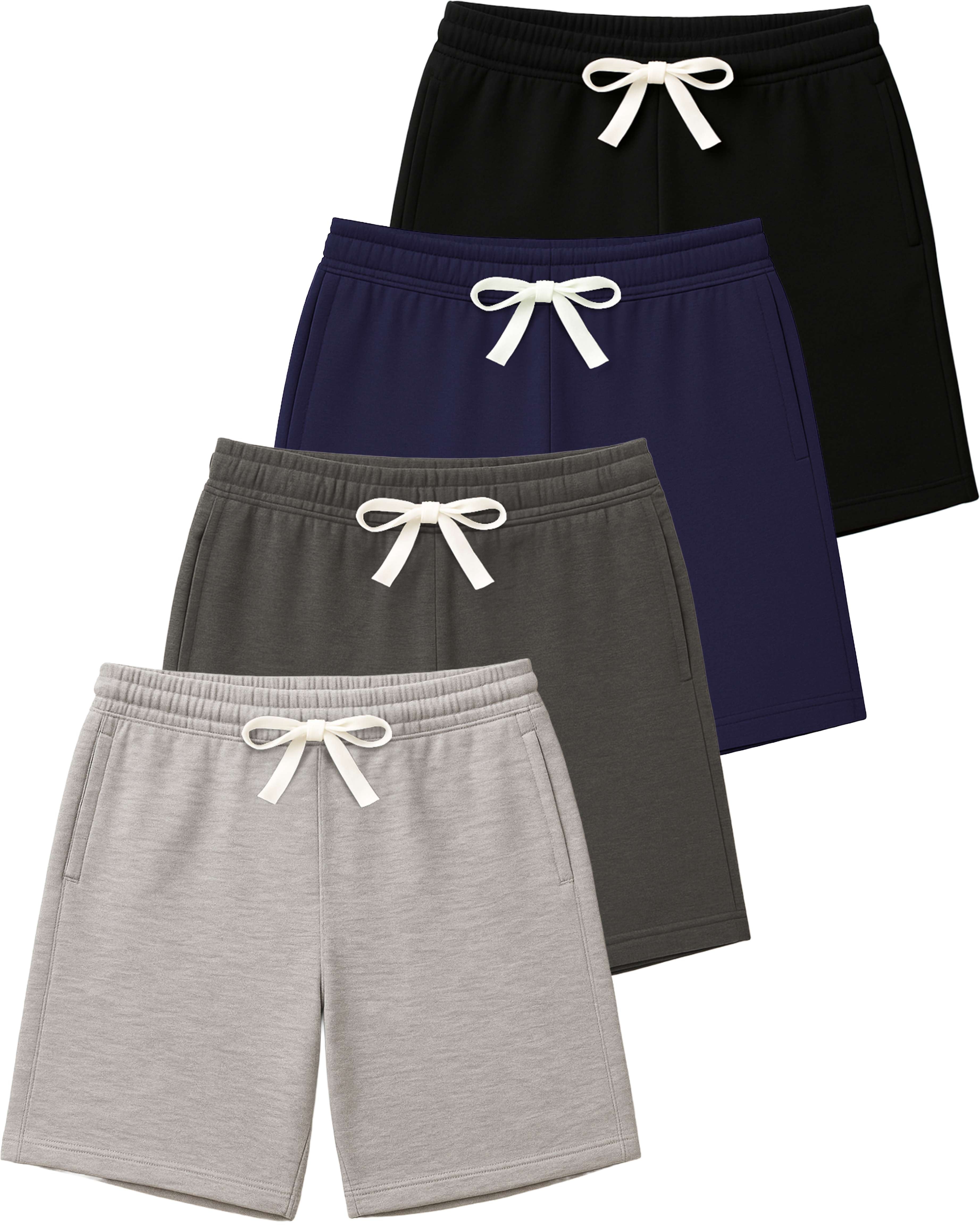 Real Essentials 4 Pack: Boys' Cotton French Terry Shorts with Pockets for Kids Teens Youth - Sleep Casual Lounge (4-18)