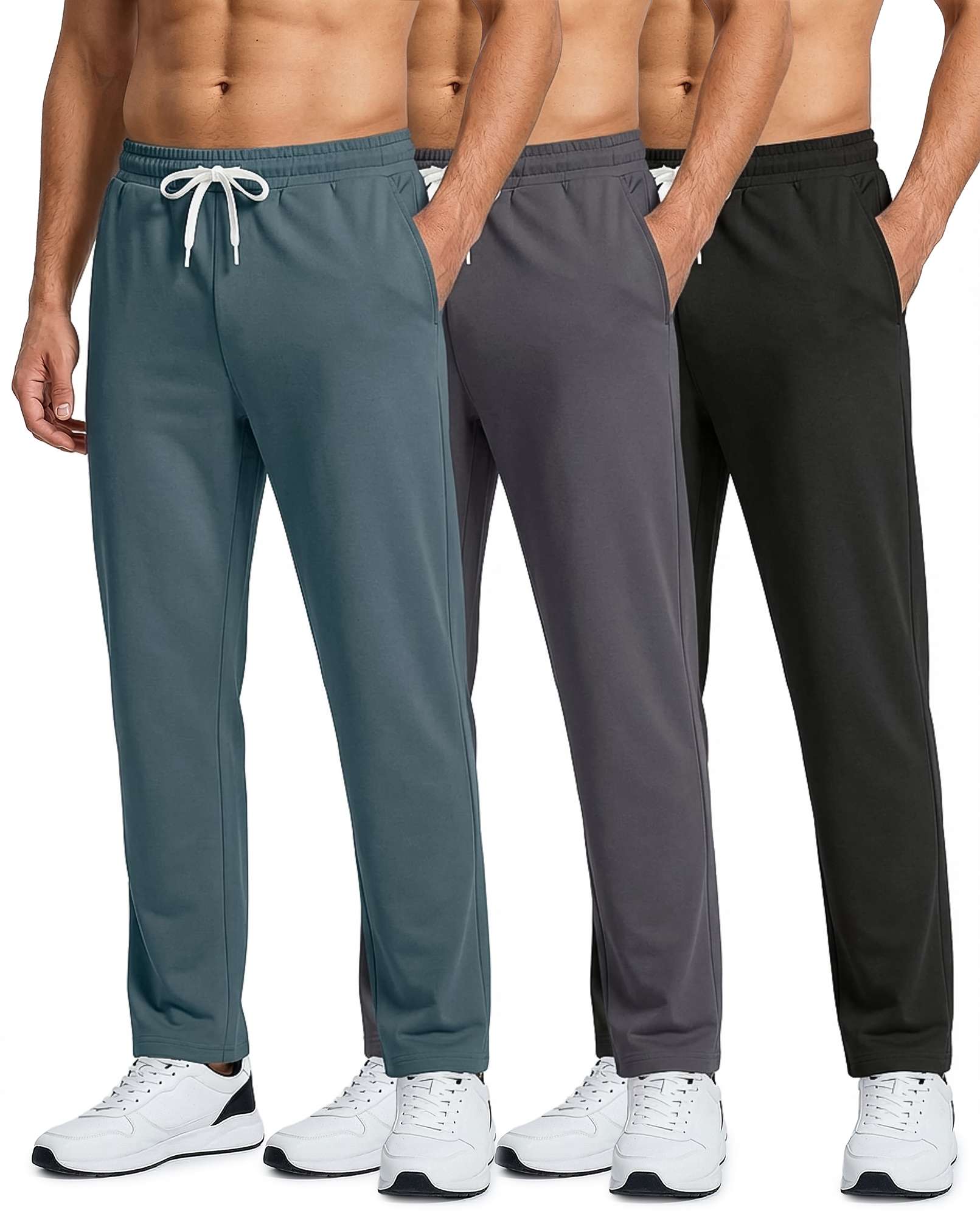 Real Essentials 3 Pack: Men's French Terry Open Bottom Sweatpants - Casual Lounge Comfort Gym with Pockets