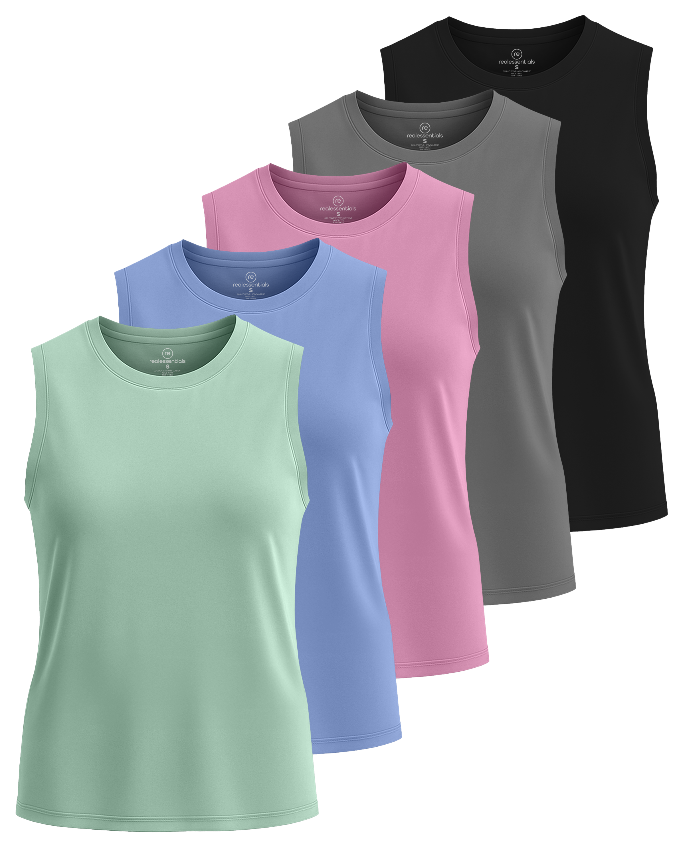 Real Essentials 5 Pack: Women's Dry-Fit Tank Top - Racerback Sleeveless T-Shirt Athletic Workout Gym Shirt (Plus Available)