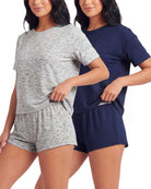 Real Essentials 2 Pack Women's Pajama Sets 2 Piece Boxy Tee Sleep Shorts PJs Sleepwear Cute - Solid Navy Blazer, Grey Heather