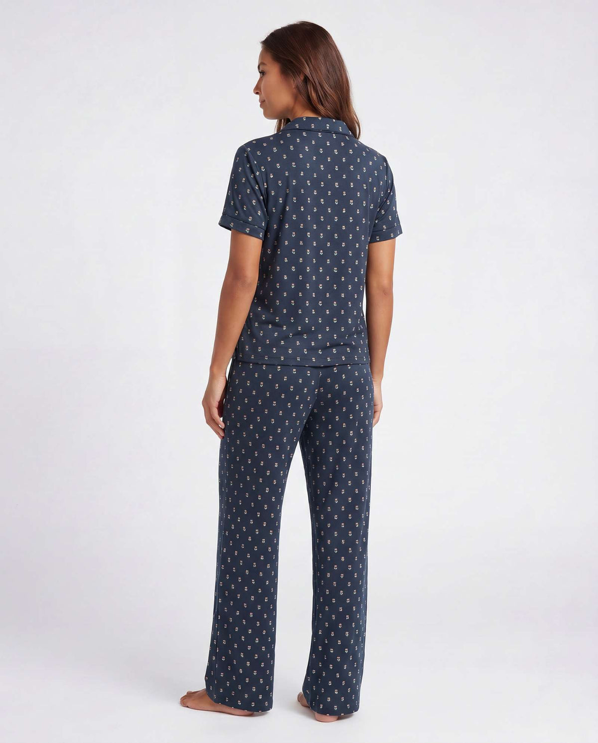 Real Essentials 2 Pack Women's Pajama Sets Lounge Set 2 Piece Button Up PJ Sleepwear Ladies - Navy Blazer Flowers, Pearl Flowers