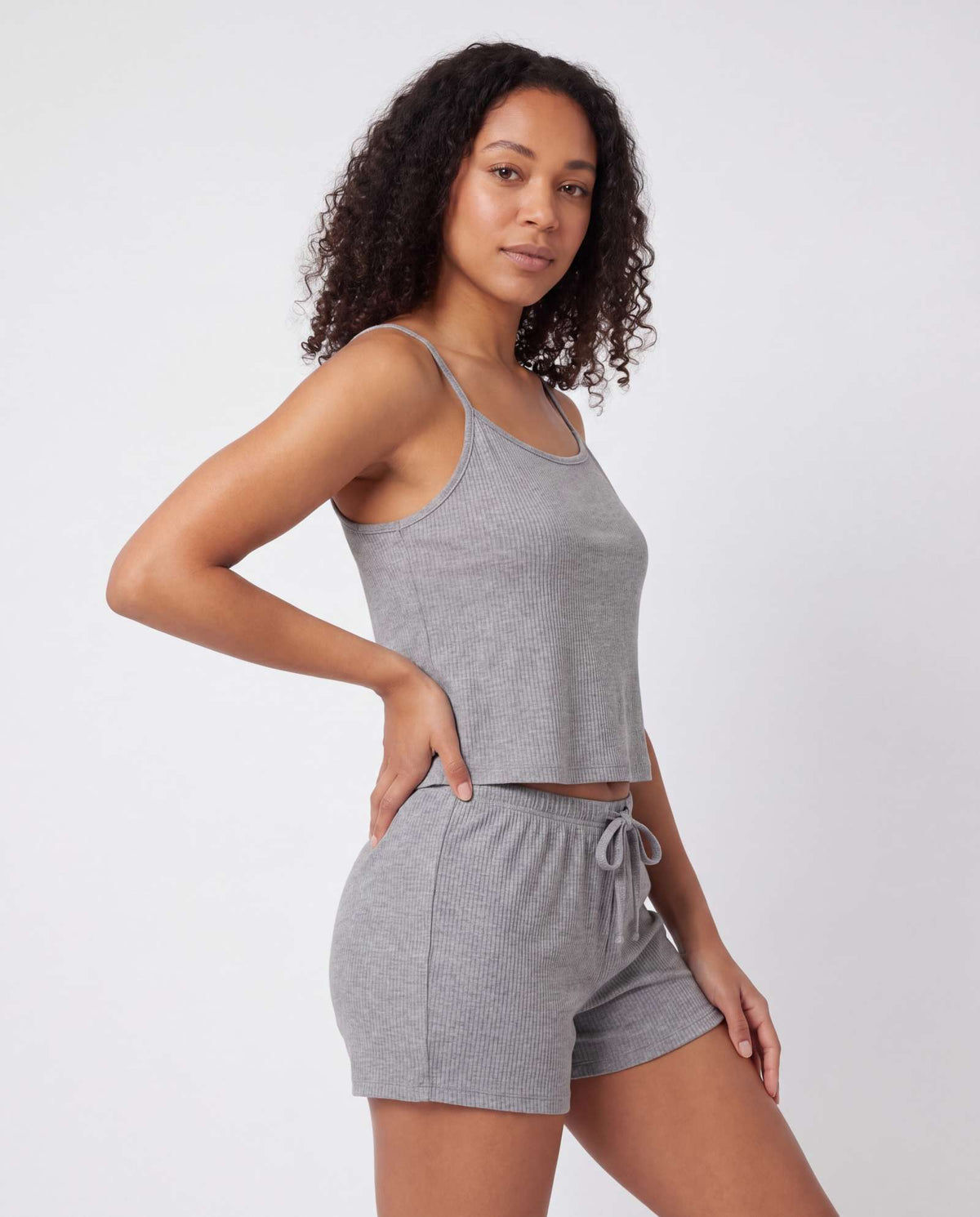 Real Essentials 2 Pack Women's Pajama Sets 2 Piece Ribbed Cropped Cami Shorts Sleepwear PJs - Charcoal Heather, Grey Heather