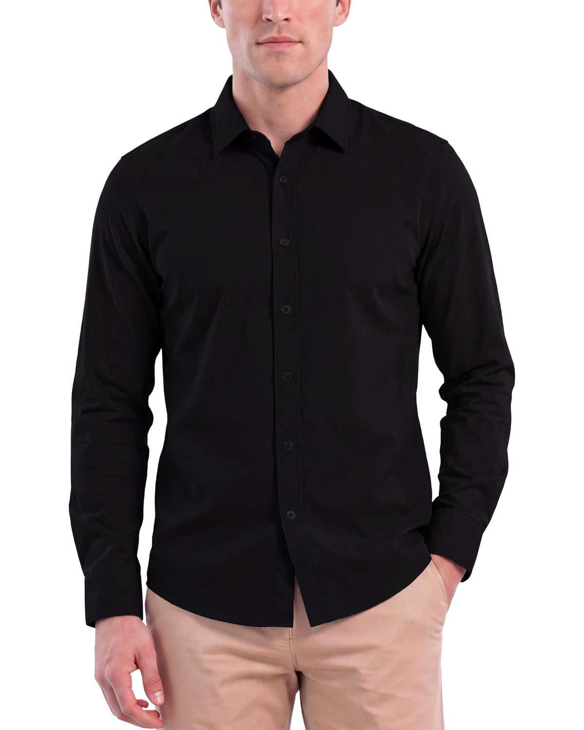 Real Essentials Men's Long Sleeve Cotton Button Down Shirts Casual Work Business Tops - SOLID BLACK
