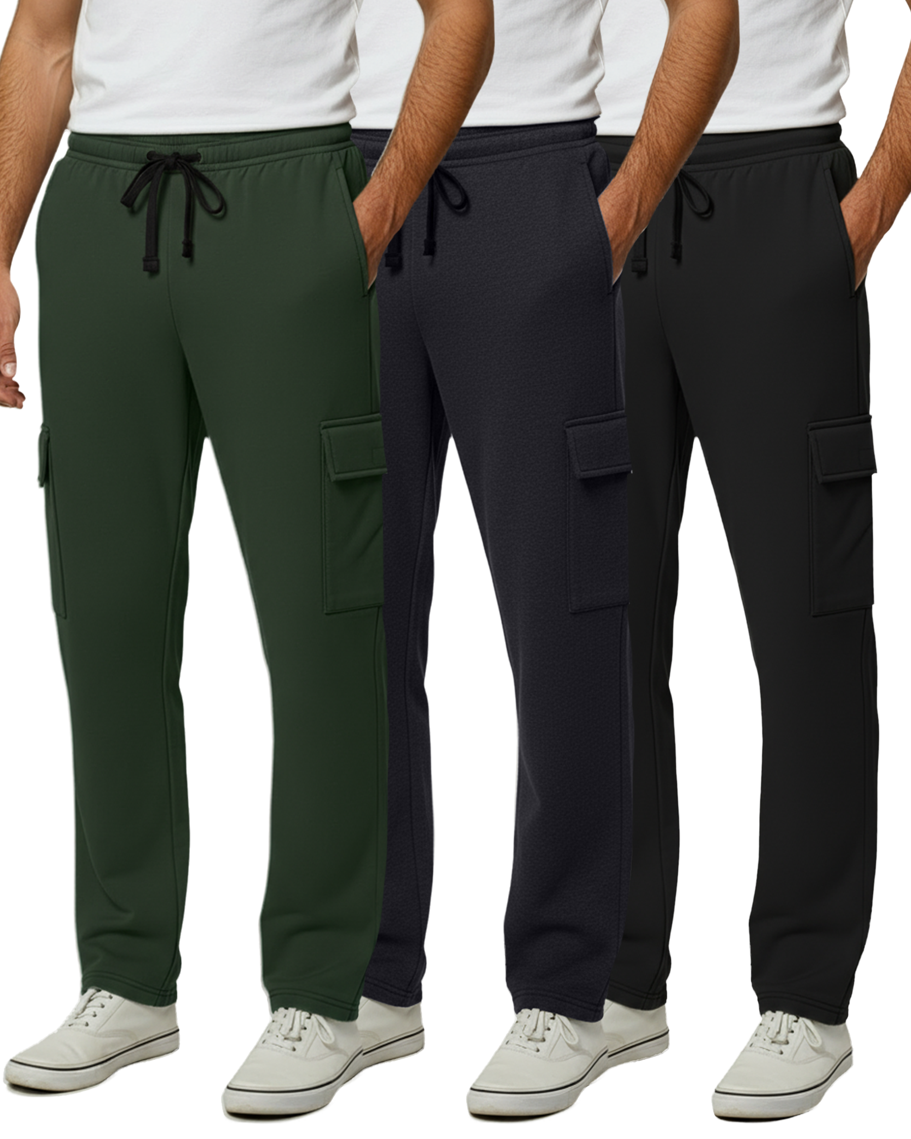 3 Pack: Mens Fleece Cargo Open Bottom Sweatpants