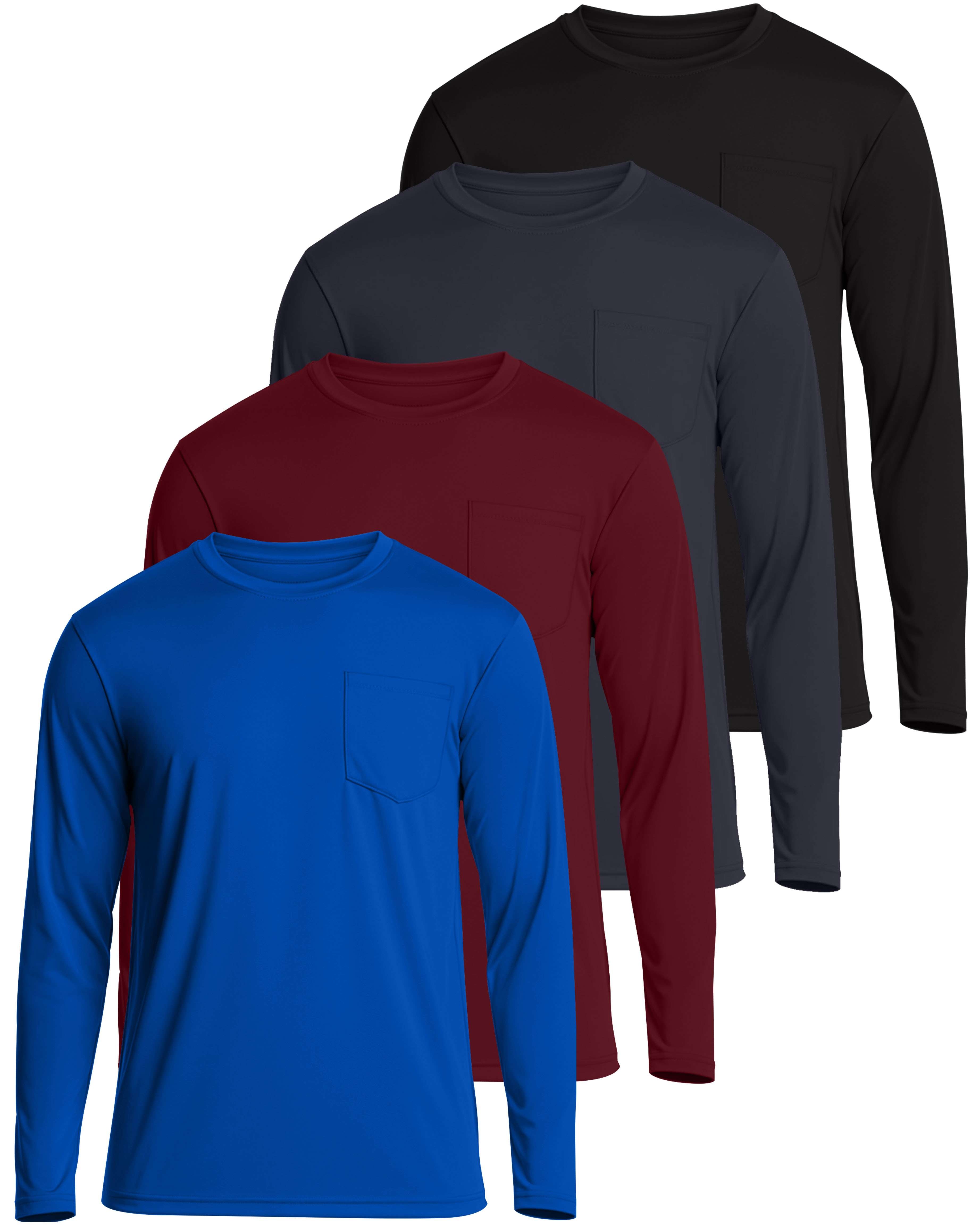 4 Pack: Mens Dry-Fit Long Sleeve Pocket Crew T-Shirt