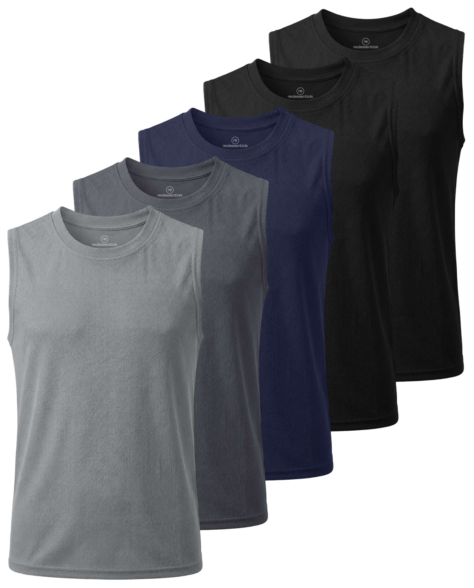 Real Essentials 5 Pack: Boys Mesh Active Tank Tops Athletic Workout Sleeveless Muscle Basketball Sports Dry Fit Teen