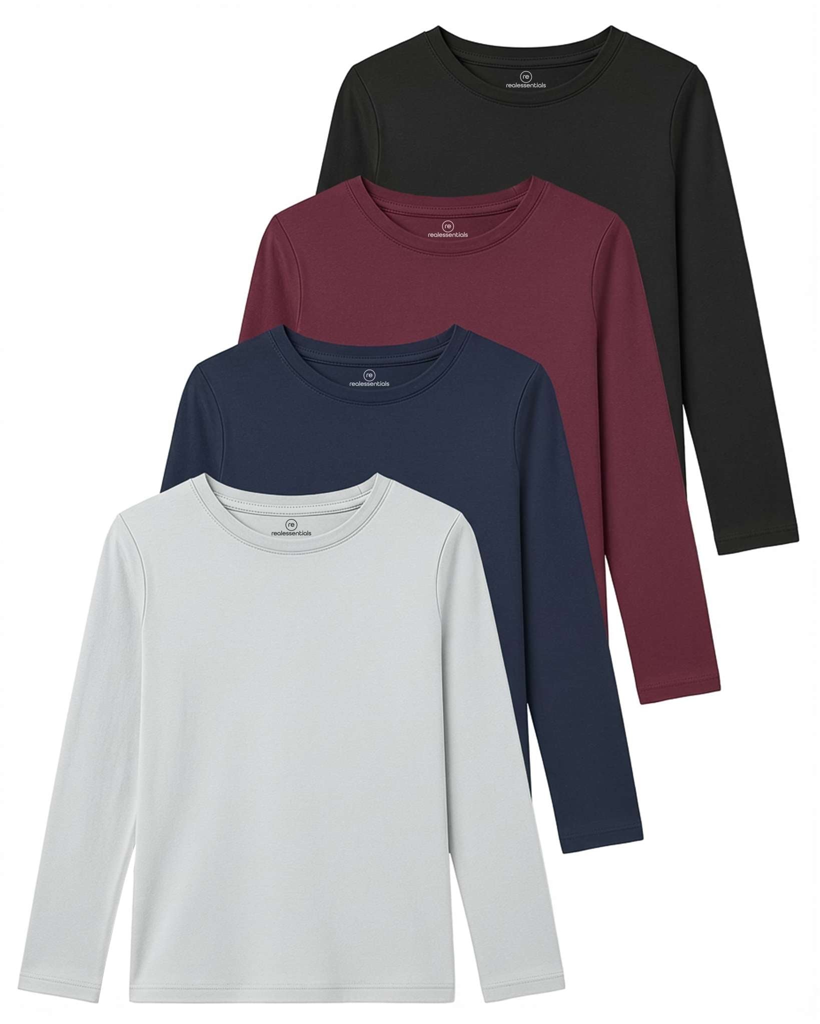 4 Pack: Girls Cotton Long Sleeve T Shirts Teens Tops Athletic Tee Plain Basic Multipack Youth Kids