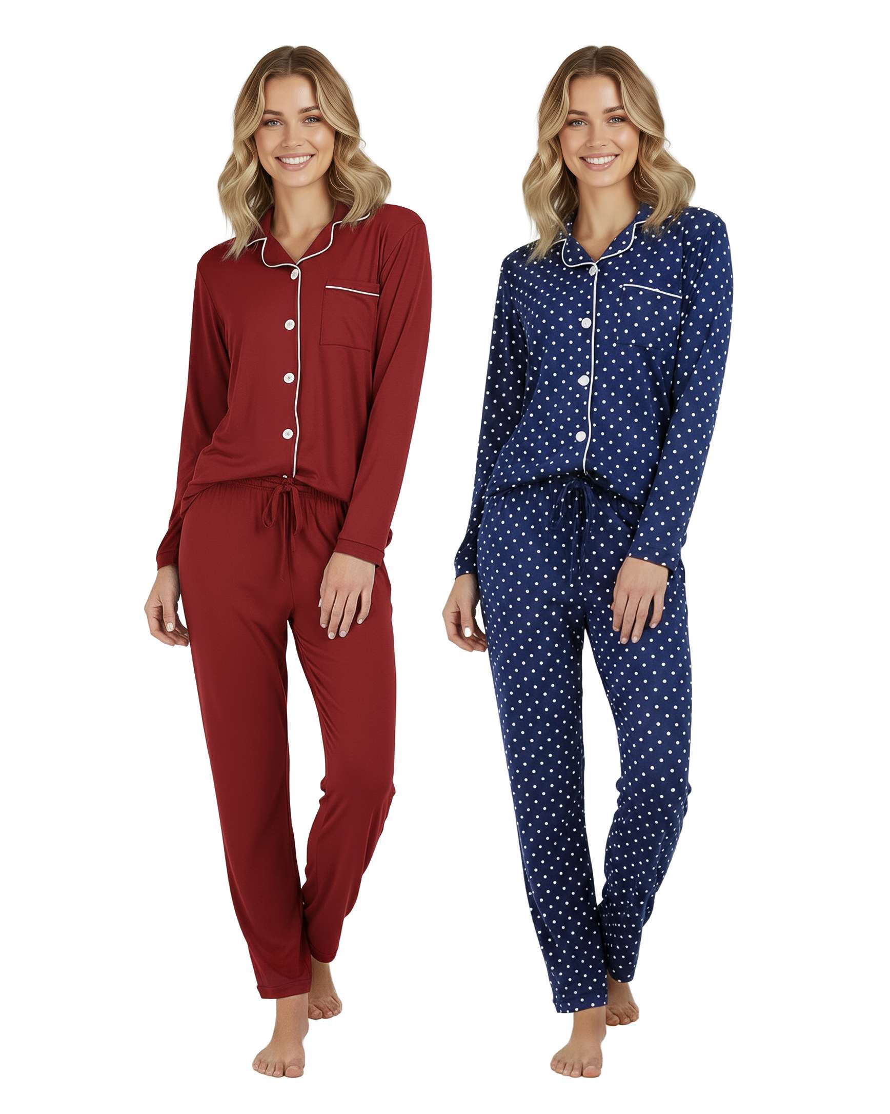 4 Piece: Women’s Long Sleeve Button Down Pajama Set