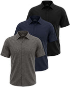 Real Essentials 3 Pack Men's Cotton Short Sleeve Button Down Casual Work Shirt Button Up - Solid Black, Solid Navy Blazer, Charcoal Heather