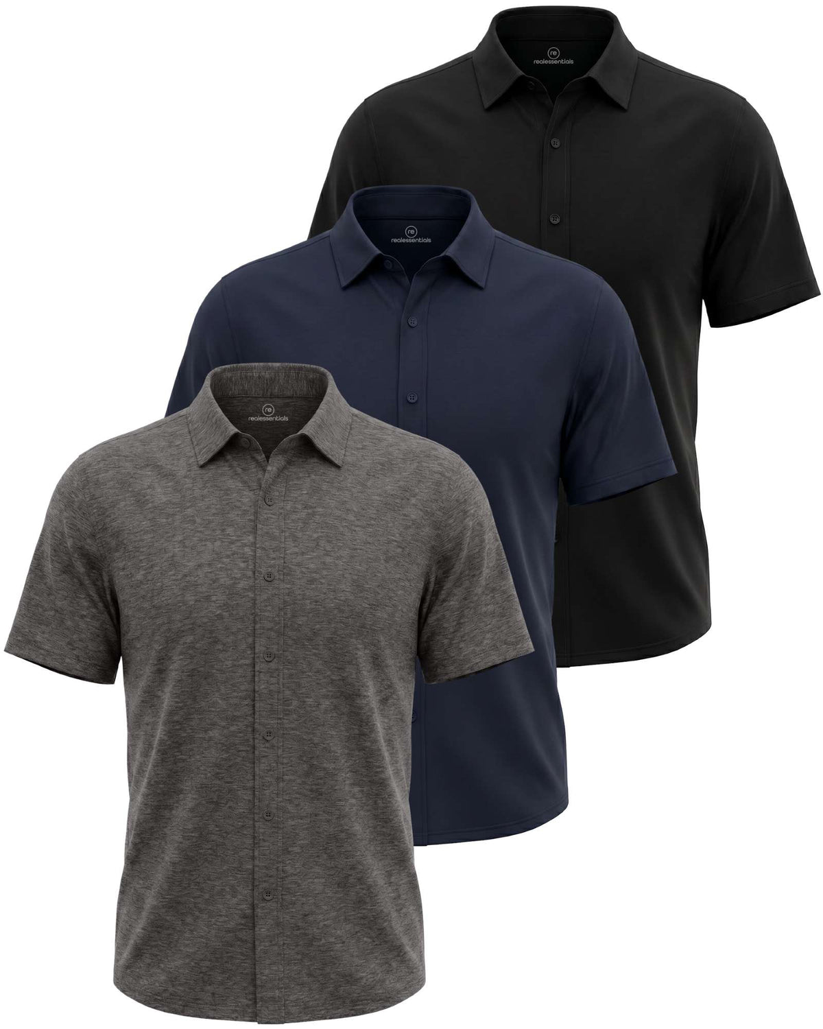 Real Essentials 3 Pack Men's Cotton Short Sleeve Button Down Casual Work Shirt Button Up - Solid Black, Solid Navy Blazer, Charcoal Heather