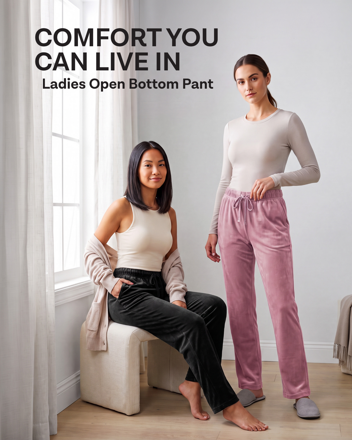 Real Essentials 3 Pack Women Velvet Straight Leg Pants Velour Sweatpants Cozy Lounge Soft - Solid Black, Solid Cashmere Rose, Solid Quiet Shade
