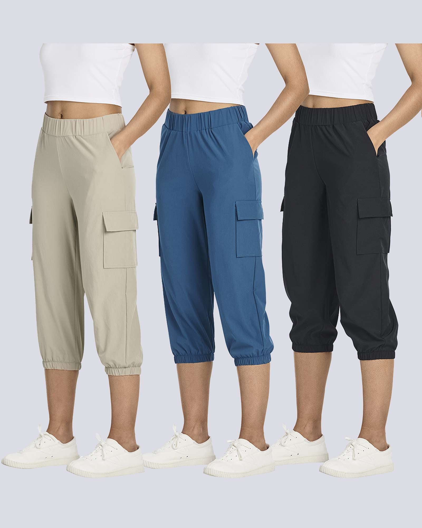 3 Pack: Women's Woven Cargo Capri Jogger Pants
