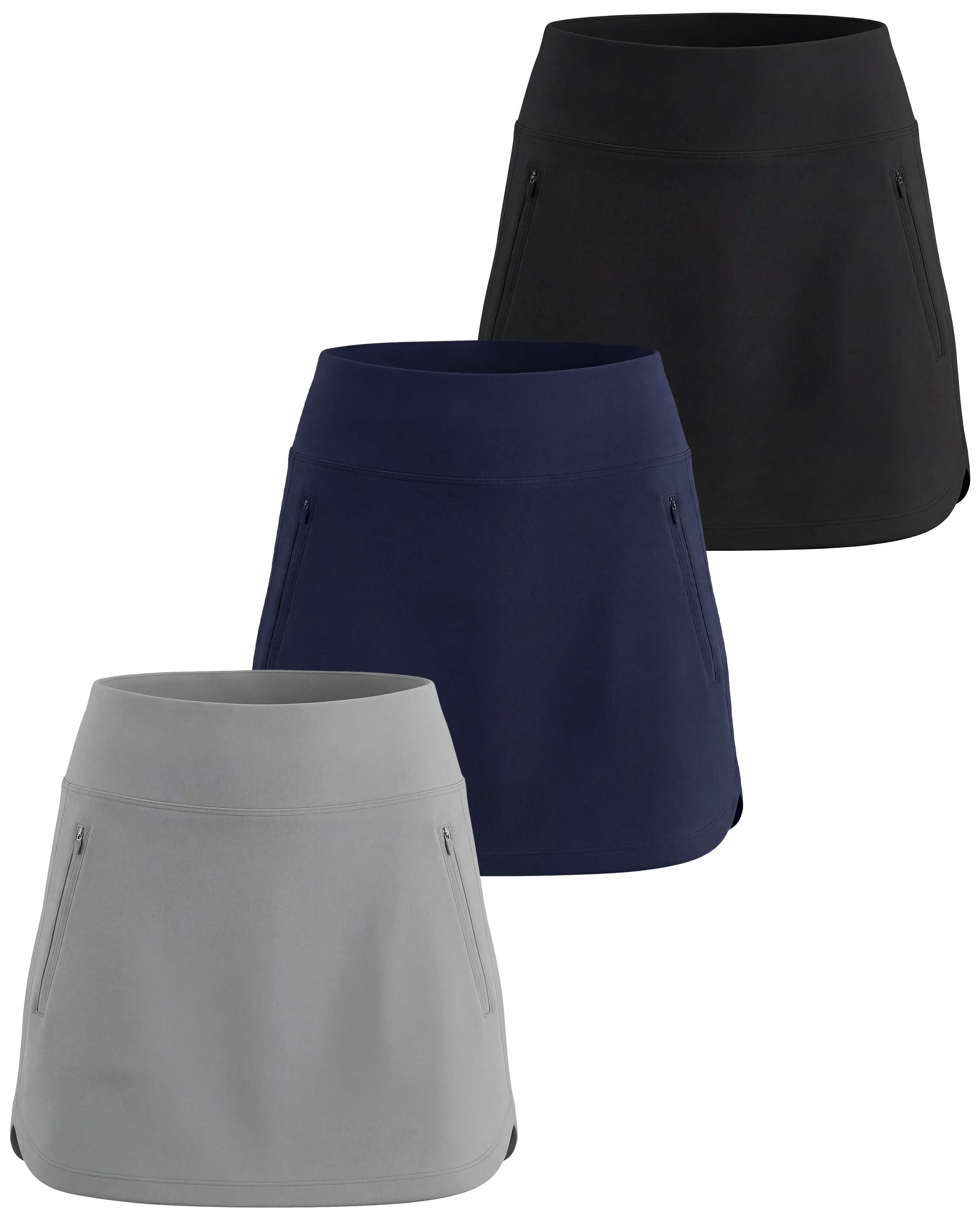 Real Essentials 3 Pack: Women's 16" Curved Hem Golf Skort with Zip Pockets - Ladies Athletic Tennis Pickleball Workout Skirts