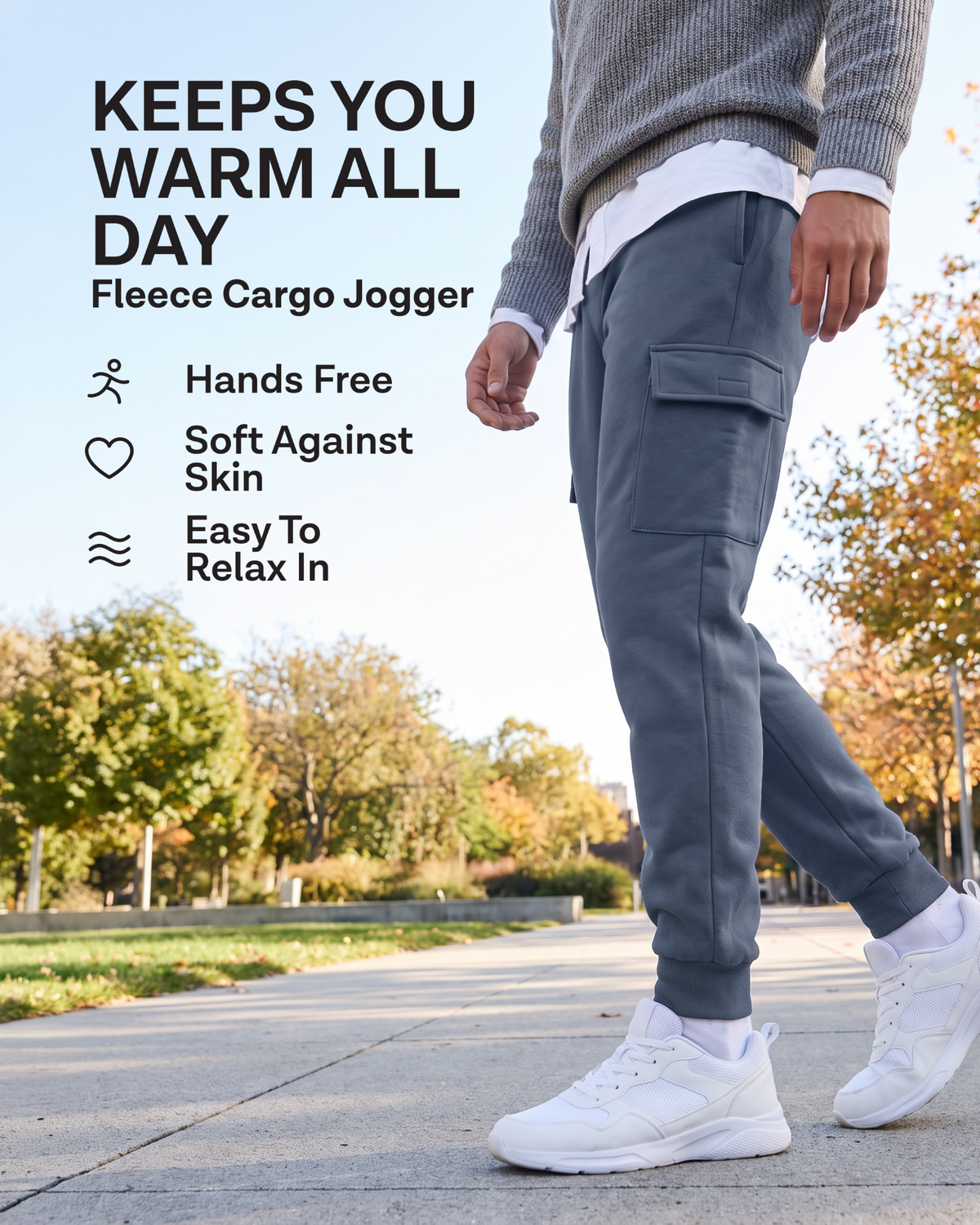 Real Essentials 3 Pack Mens Fleece Cargo Joggers Sweatpants Cuffed Athletic Gym Pockets - Solid Black, Solid Olive Night, Solid Vintage Indigo