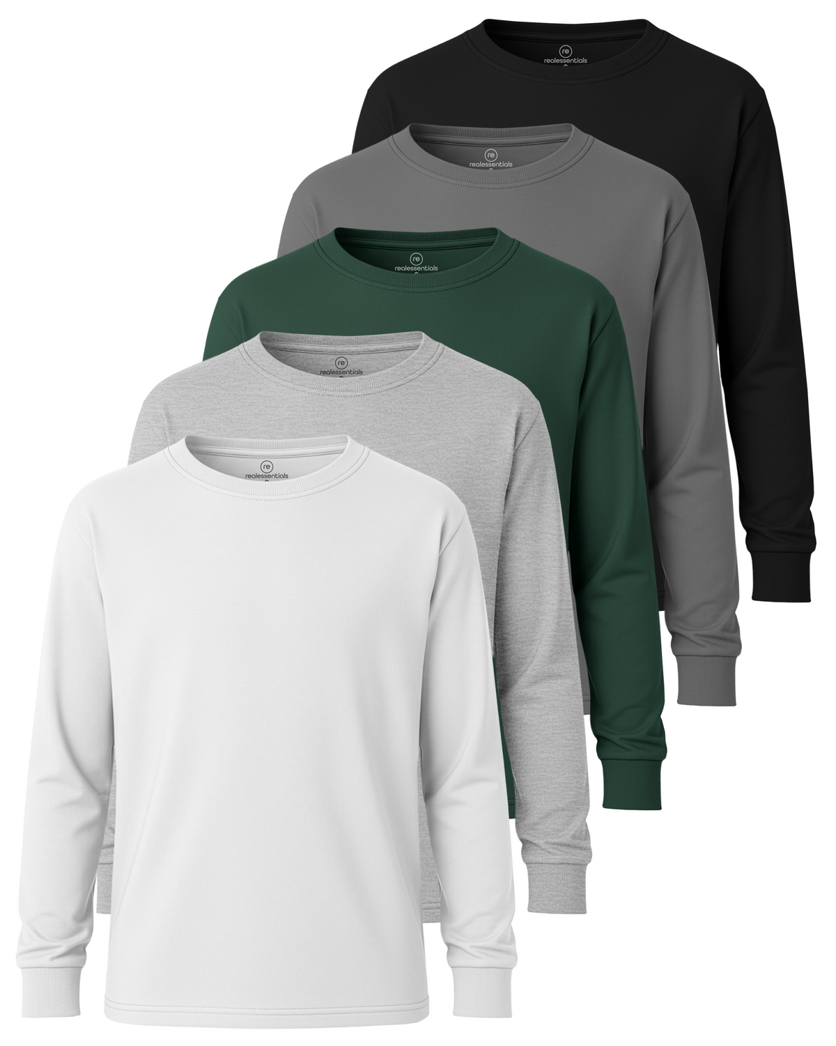 Real Essentials 5 Pack Boys' Cotton Long Sleeve Jersey T Shirts Kids School Youth Tees - Set 3