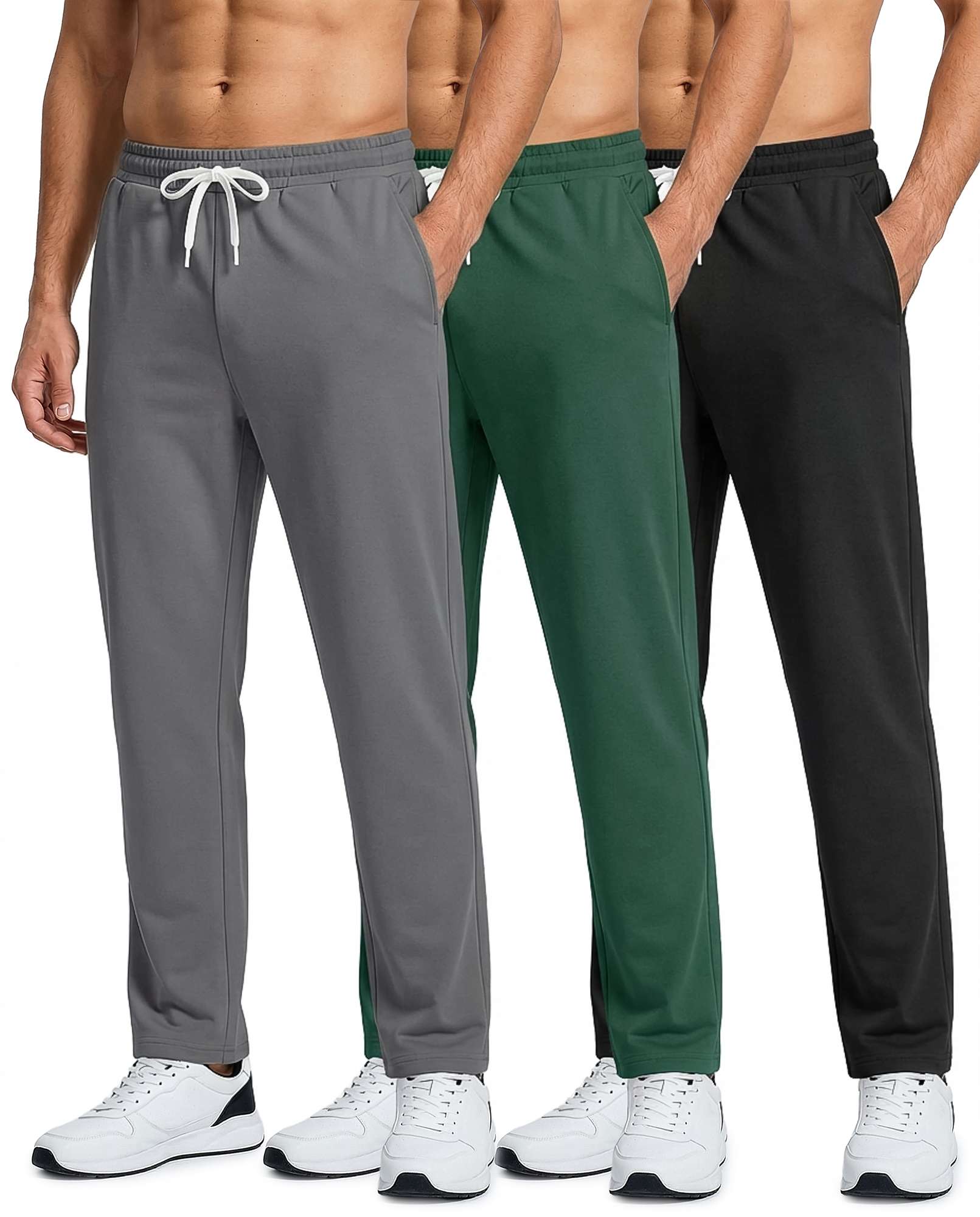 Real Essentials 3 Pack: Men's French Terry Open Bottom Sweatpants - Casual Lounge Comfort Gym with Pockets
