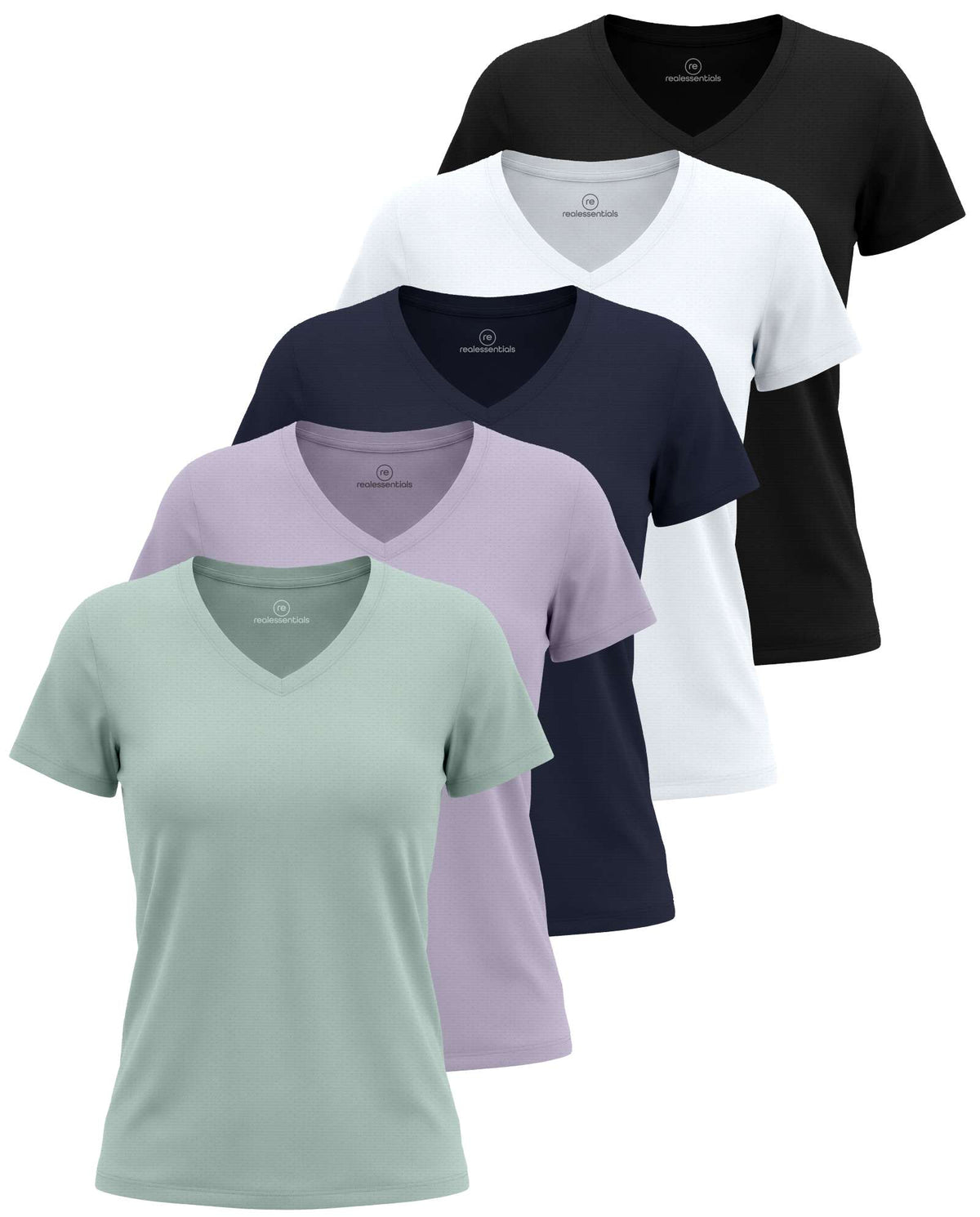 Real Essentials 5 Pack Women's V Neck Tshirts Short Sleeve Dry Fit Workout Tops Tees Shirts - Solid Black, Solid Bright White, Navy Blazer, Solid Orchid Petal, Solid Surf Spray