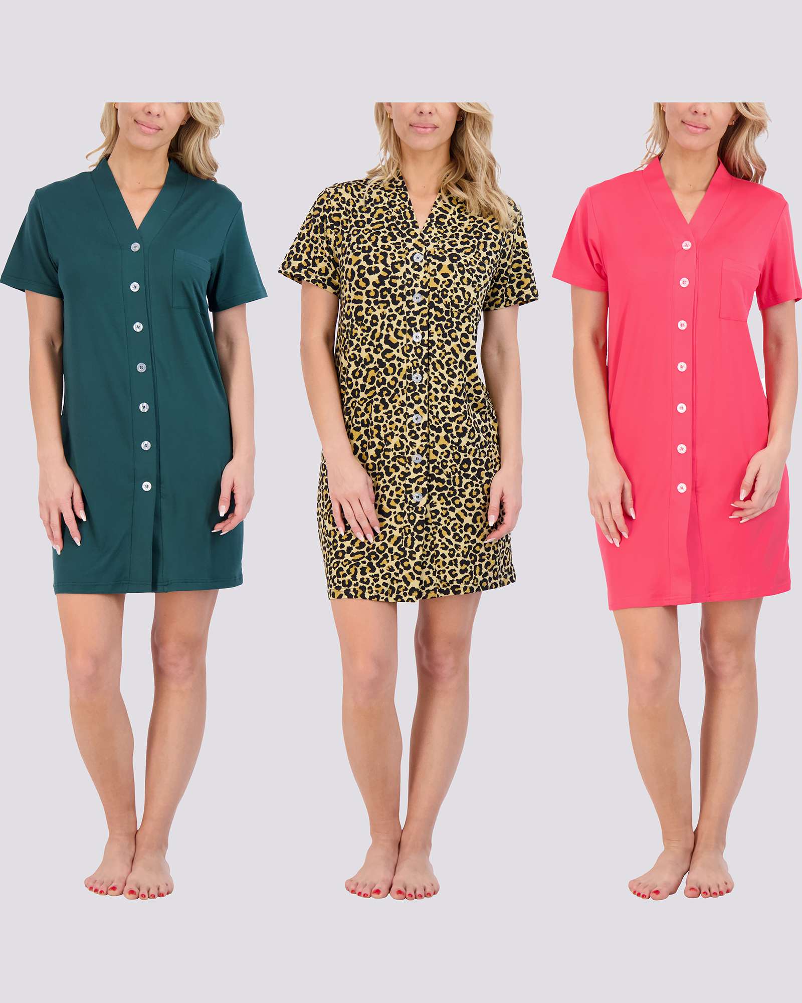 3 Pack: Women's Short Sleeve Button-Down Nightshirt