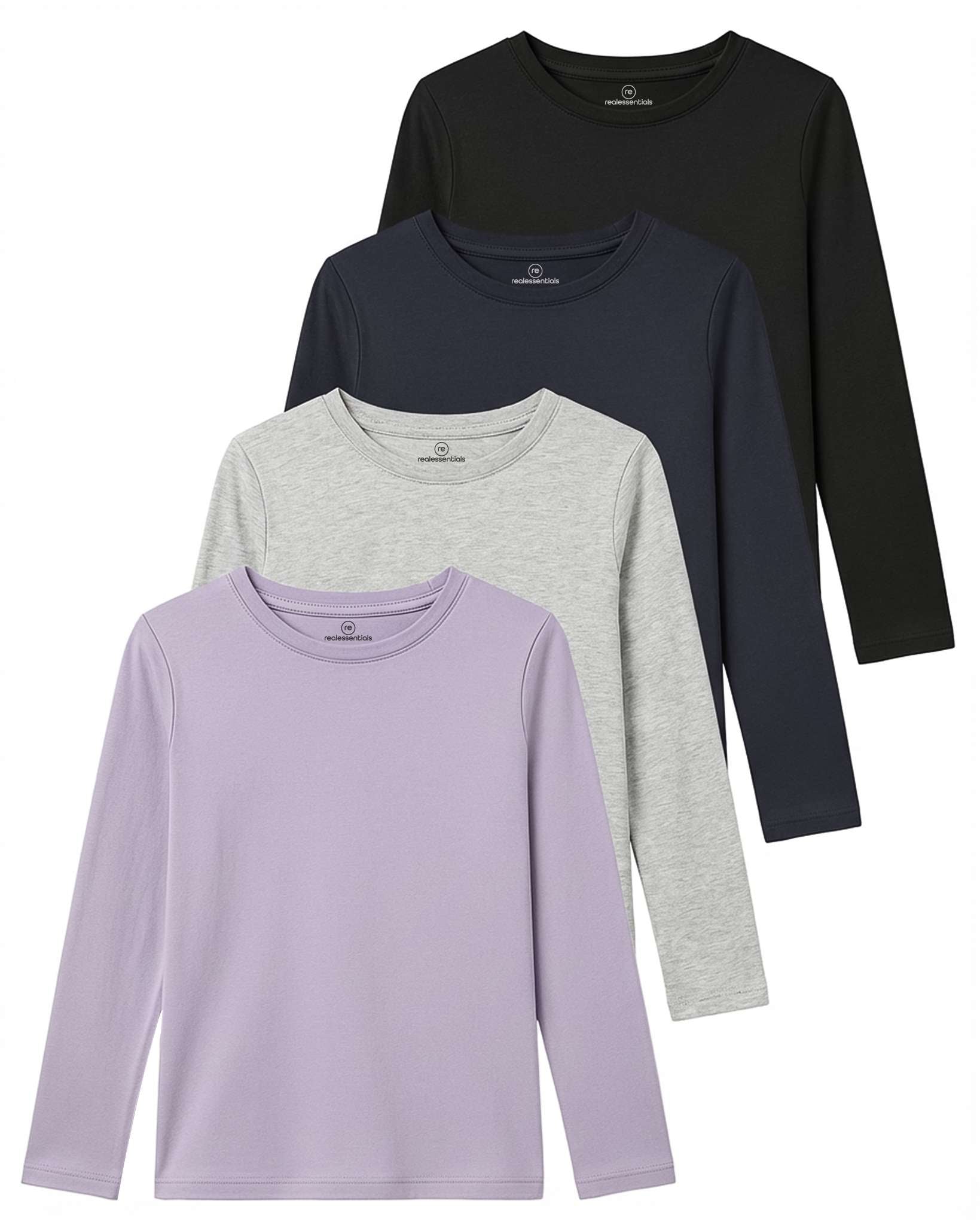 4 Pack: Girls Cotton Long Sleeve T Shirts Teens Tops Athletic Tee Plain Basic Multipack Youth Kids