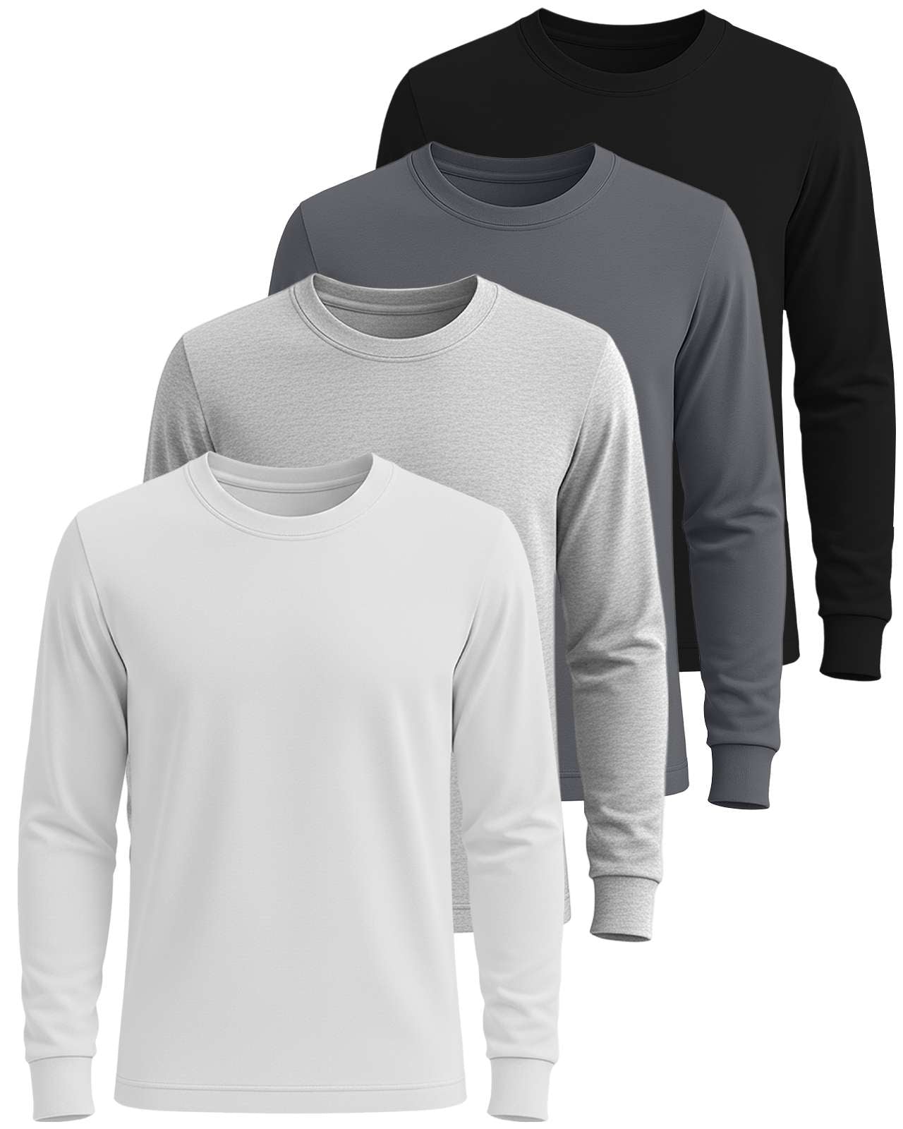 Real Essentials 4 Pack: Men's Cotton Long Sleeve Crew Neck T-Shirt - Soft Work Casual Jersey Tees