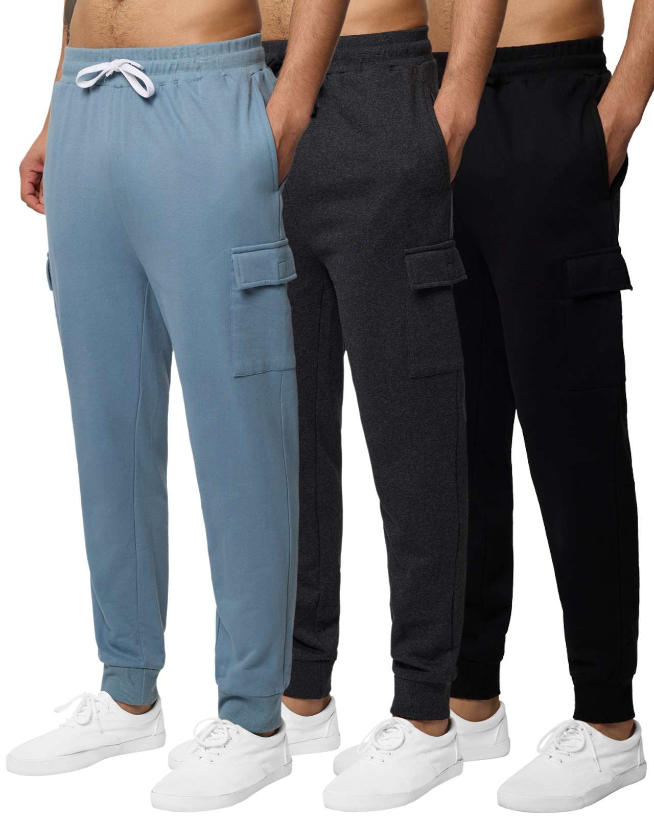 Real Essentials 3 Pack: Men's Cotton Fleece Cargo Jogger Sweatpants with Pockets