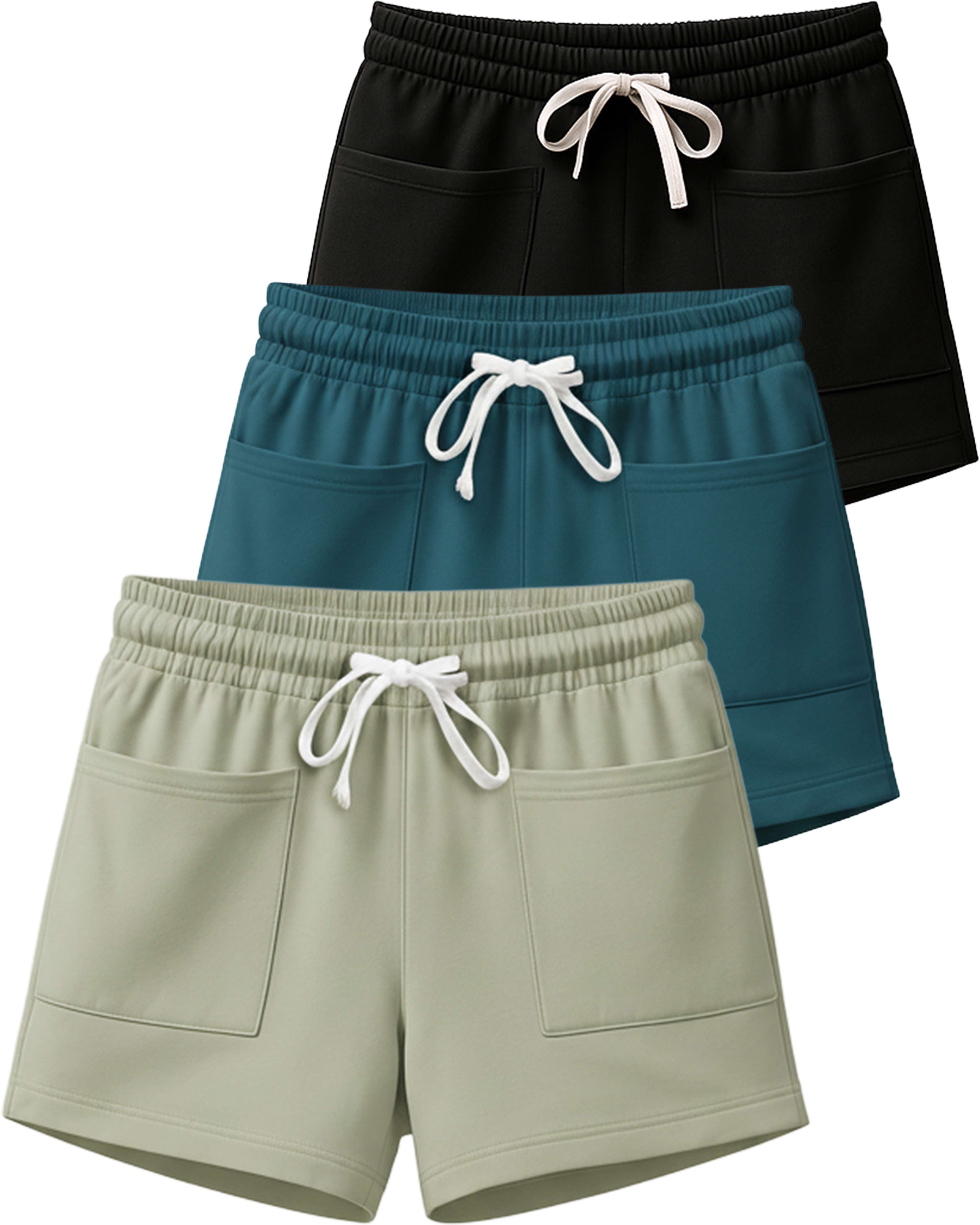Real Essentials 3 Pack Women's French Terry Shorts Sweatshorts Lounge Gym Square Pockets - Set 4