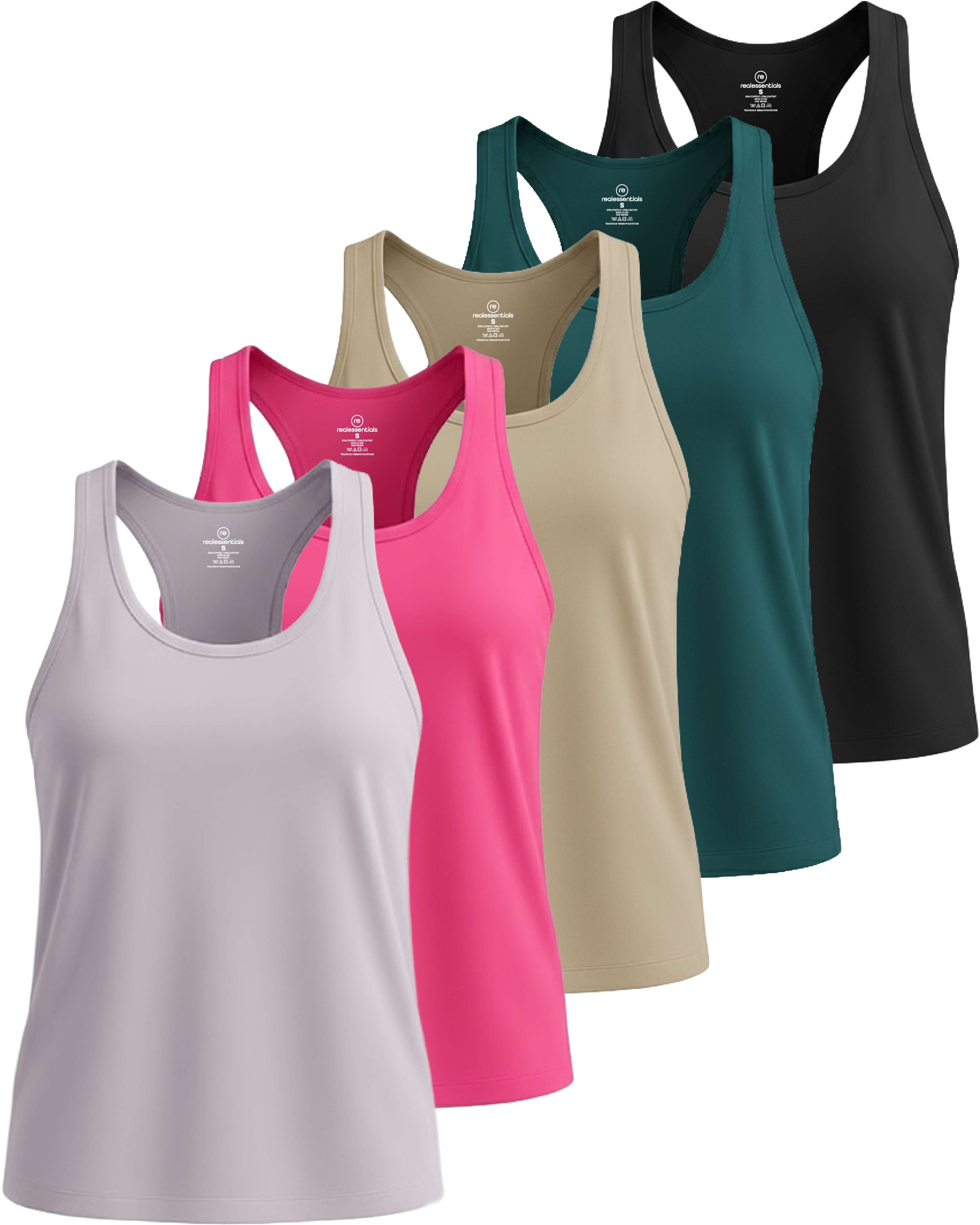 Real Essentials 5 Pack: Women's Dry Fit Tank Top - Racerback Sleeveless Workout Athletic Gym Shirt (Available in Plus)