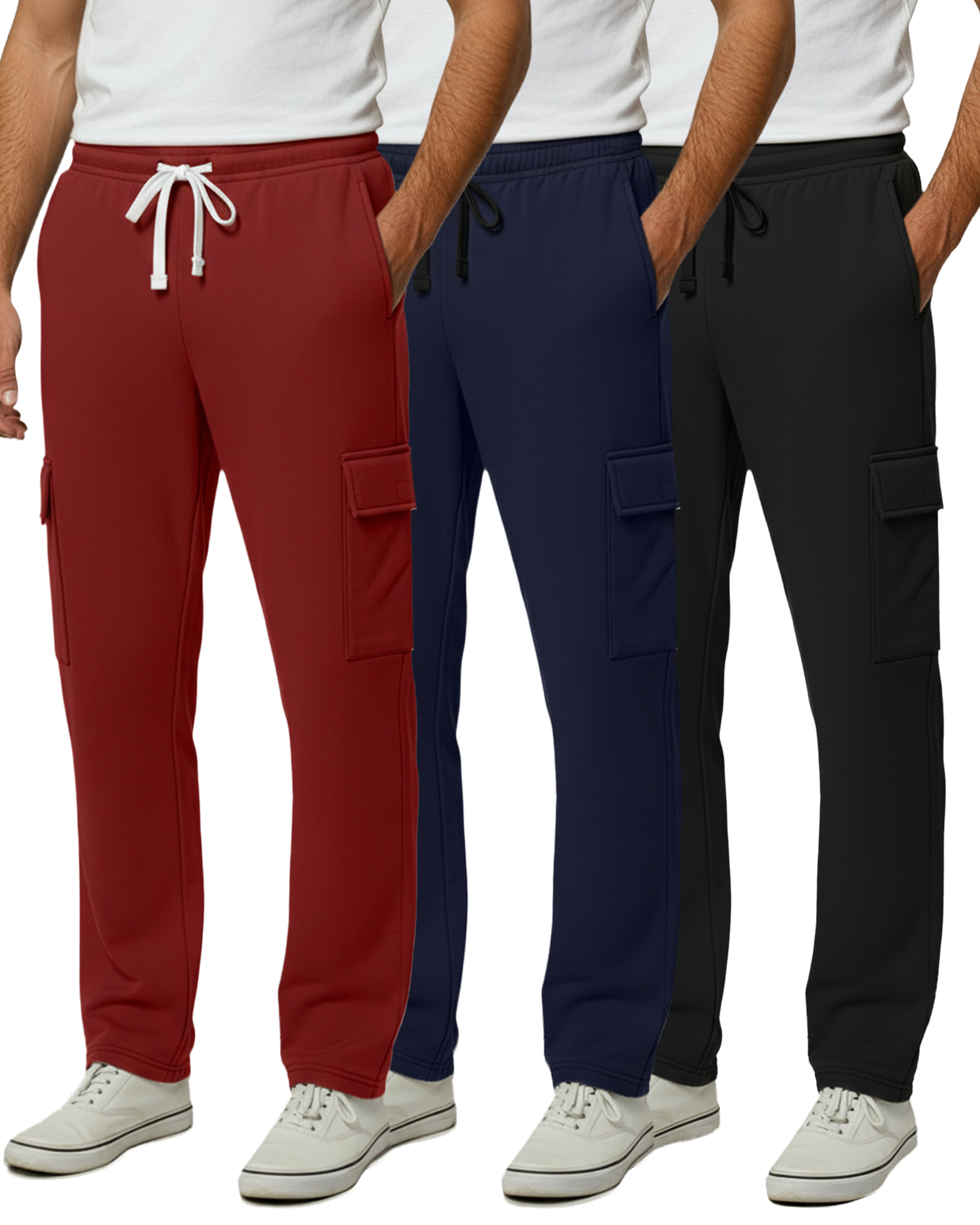 3 Pack: Mens Fleece Cargo Open Bottom Sweatpants