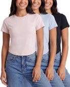 Real Essentials 3 Pack Women's Cropped Cap Sleeve Tops Cotton Basic Tees Going Out Shirts - Solid Black, Solid Ballad Blue, Solid Pale Lilac