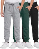 Real Essentials 3 Pack Boys Fleece Joggers Sweatpants Zipper Pockets Athletic Pants Teen - Solid Black, Solid Pine Grove, Grey Heather