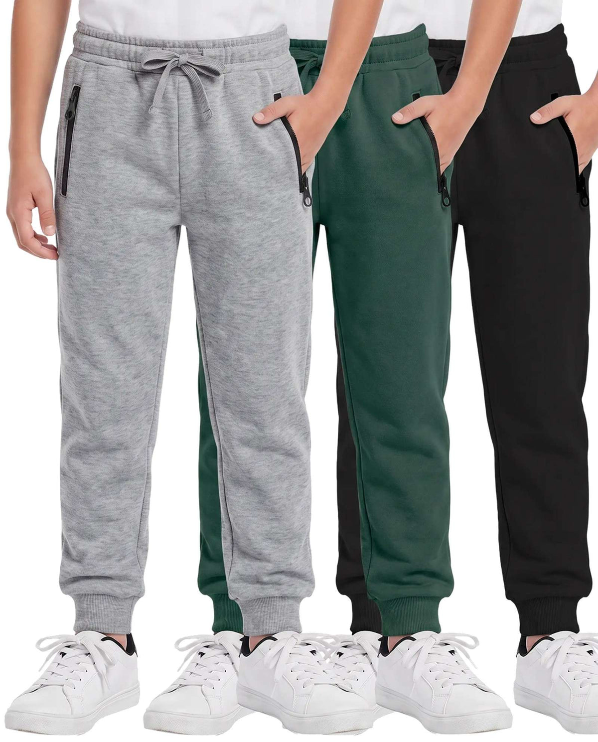 Real Essentials 3 Pack Boys Fleece Joggers Sweatpants Zipper Pockets Athletic Pants Teen - Solid Black, Solid Pine Grove, Grey Heather