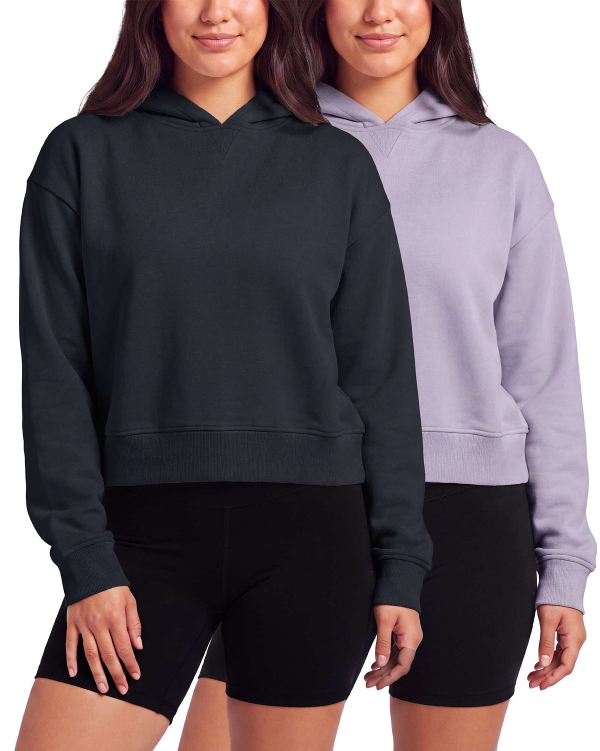 Real Essentials 2 Pack Women's Cropped Hoodies Crop Sweatshirt Ladies Fleece Pullover Top - Solid Polar Night, Solid Orchid Petal