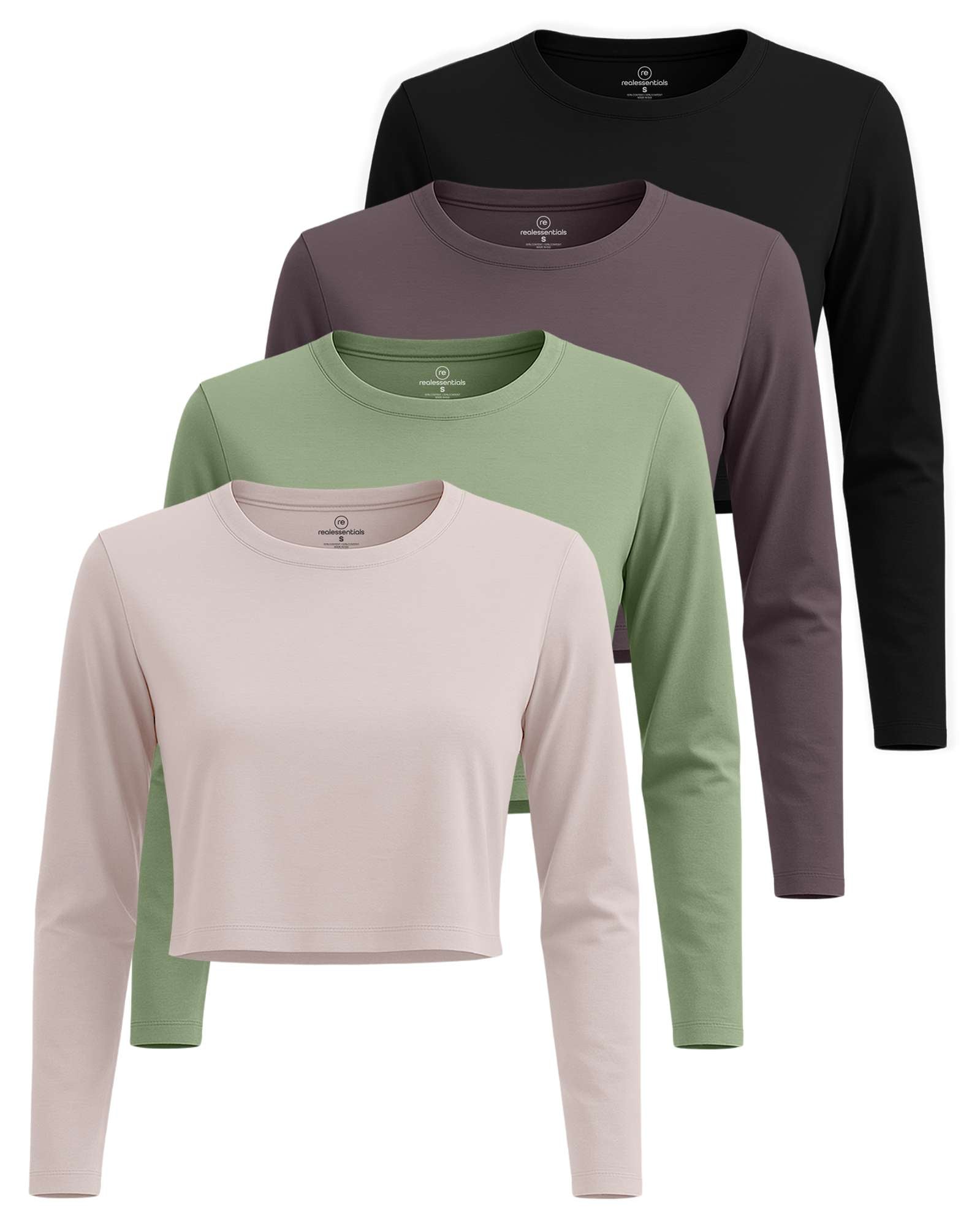4 Pack: Women's Long Sleeve Crew Crop Top ( Available in Plus Size)