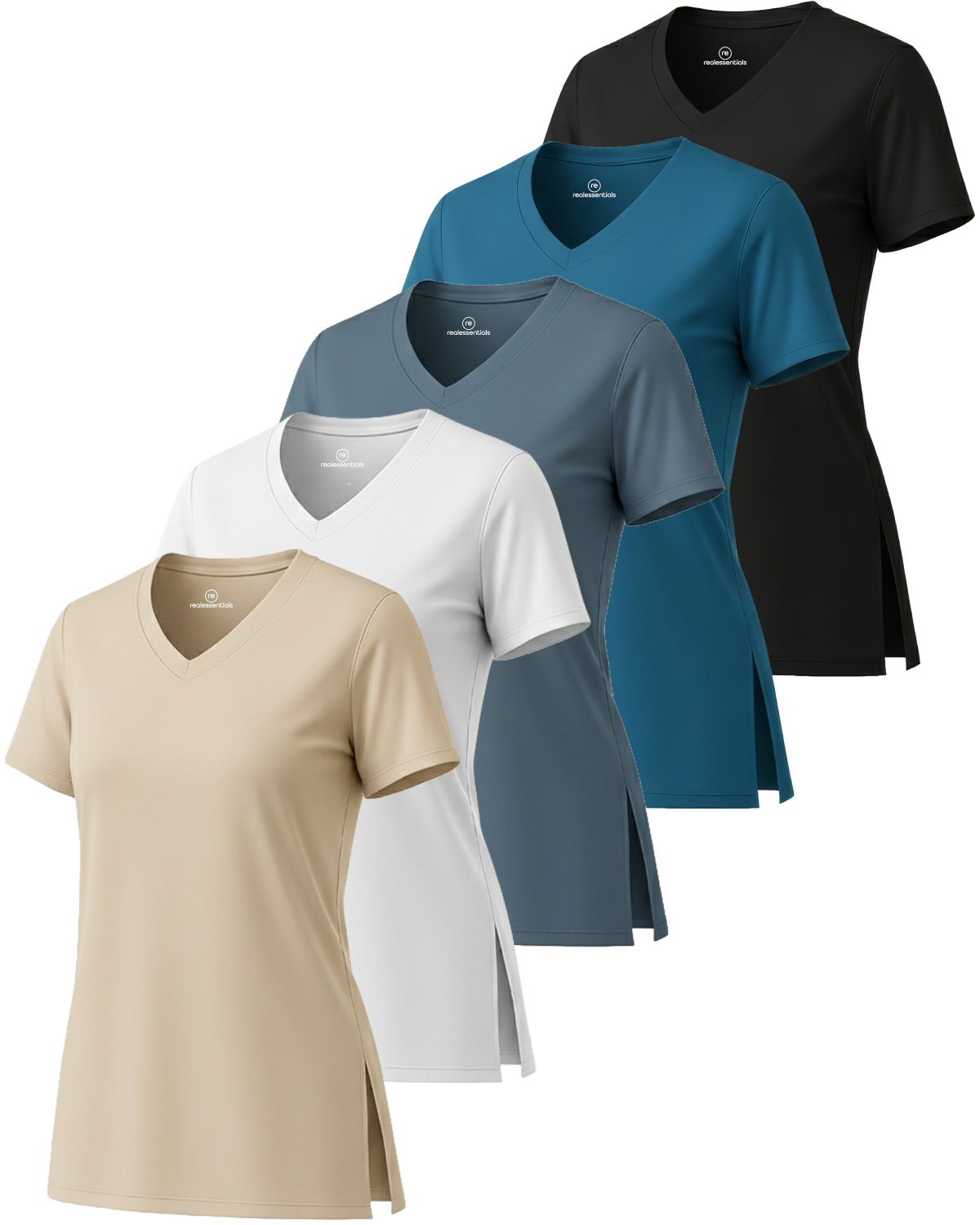 Real Essentials 5 Pack: Women's Short Sleeve Split Hem V-Neck T-Shirts, Athletic Tops, Gym, Workout, Yoga, Activewear (Plus)