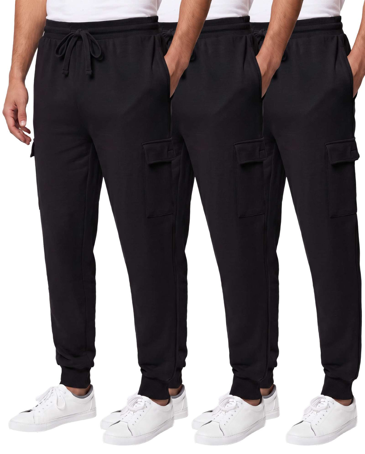 Real Essentials 3 Pack Mens Fleece Cargo Joggers Sweatpants Cuffed Athletic Gym Pockets - Solid Black, Solid Black, Solid Black