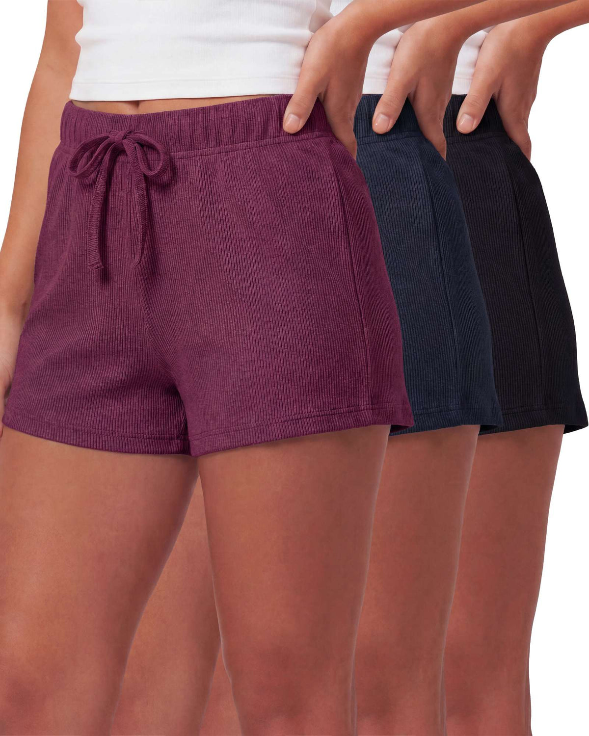 Real Essentials 3 Pack Women's Cotton Pajama Shorts Lounge Sleep Comfy Cute Casual Knit PJ - Solid Black, Solid Navy Blazer, Charcoal Heather, Grey Heather