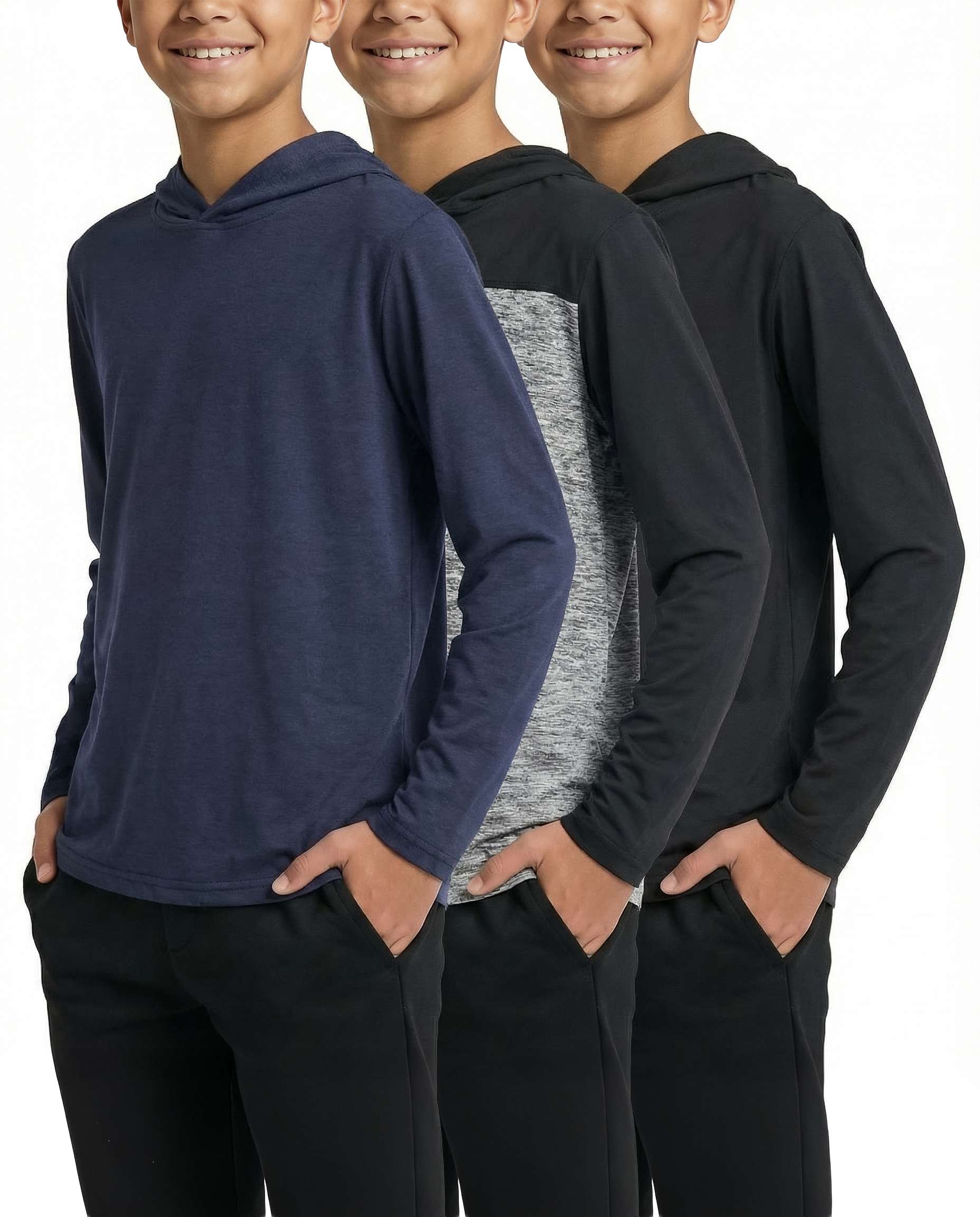 3 Pack: Boys Dry Fit Long Sleeve Active Pullover Hoodie Sweatshirt